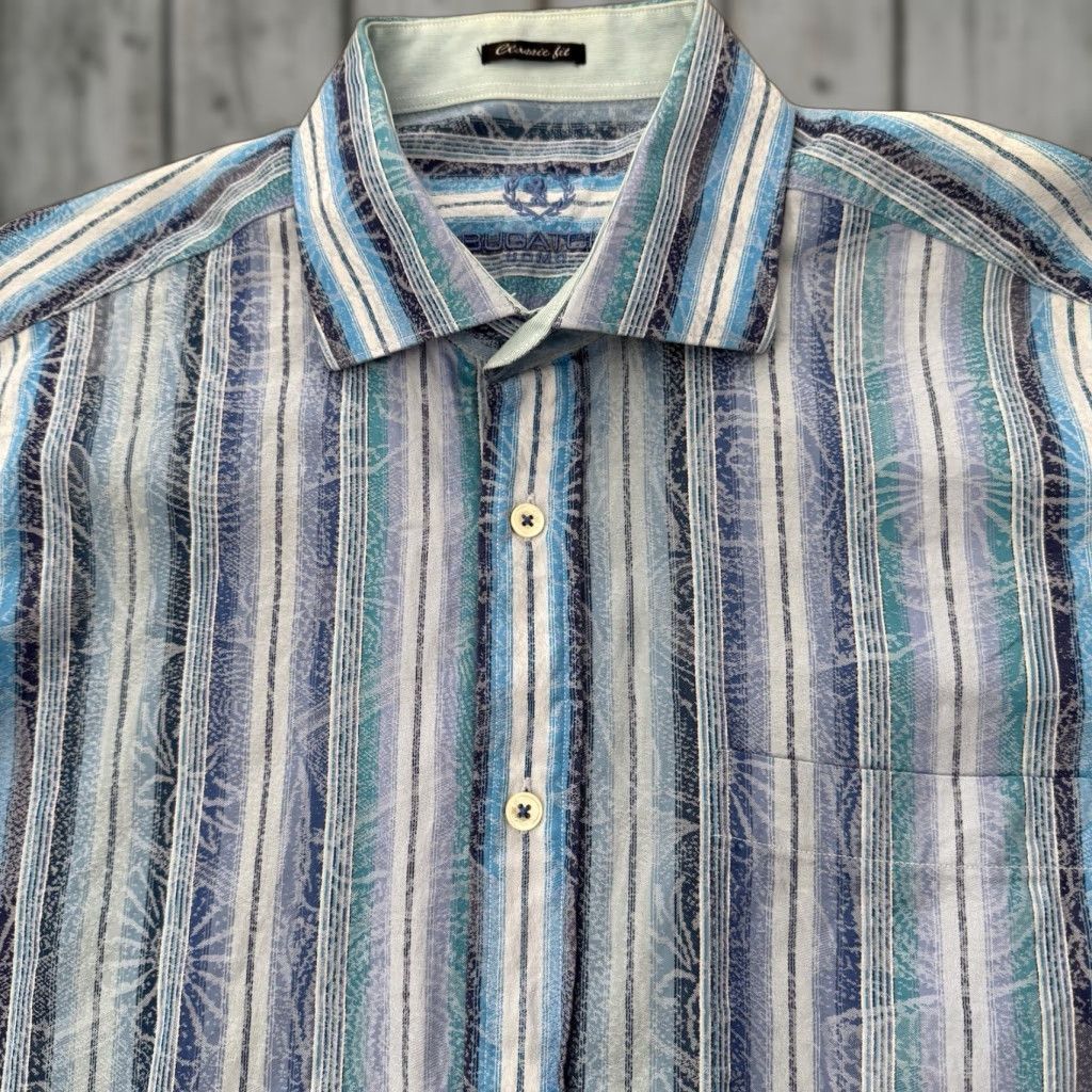 BUGATCHI BUGATCHI Shirt Mens Large Classic Fit Blue Striped Spread Collar 100% Cotton Size US L / EU 52-54 / 3 - 1 Thumbnail