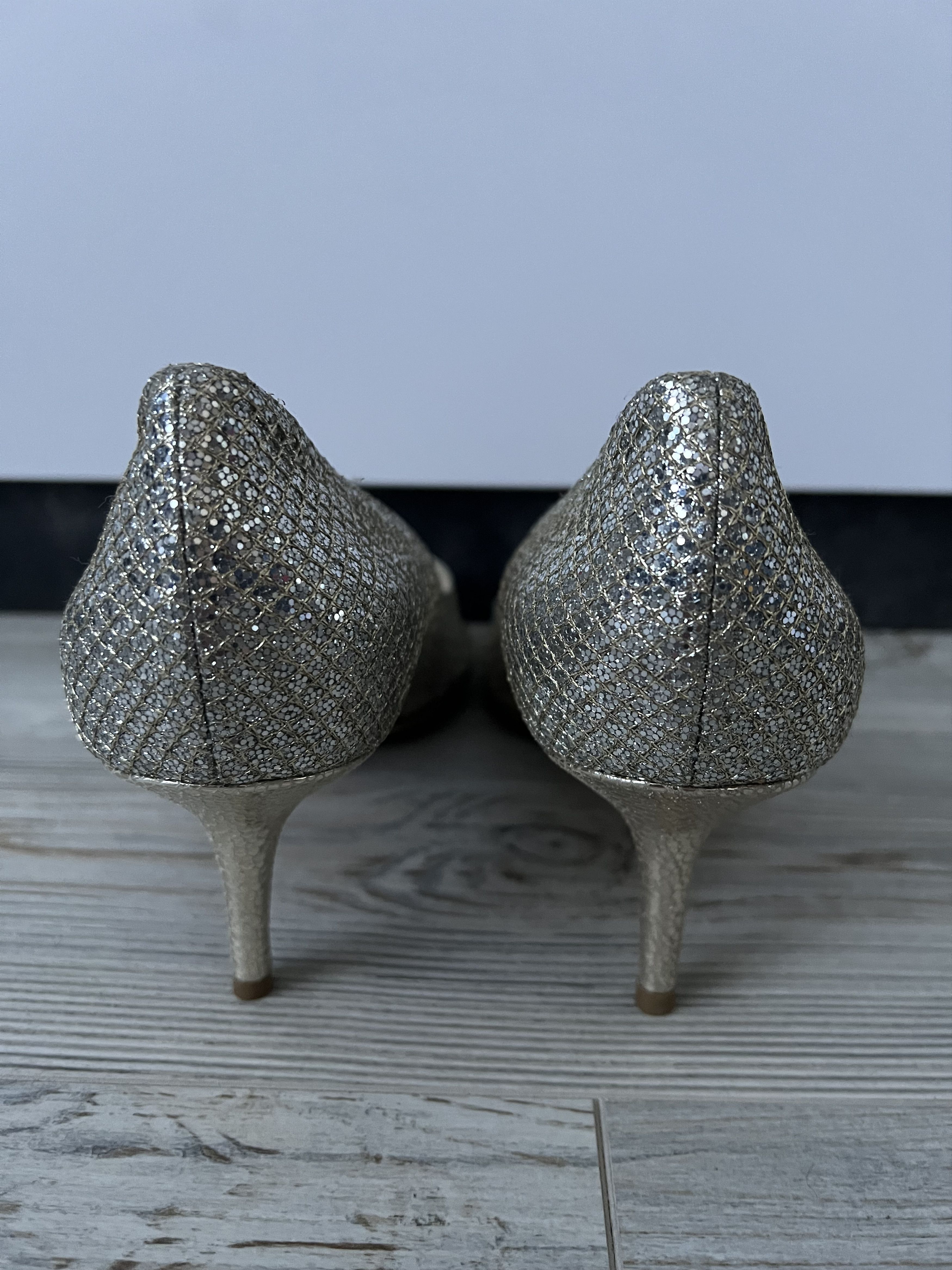 Jimmy Choo Jimmy Choo Silver Glitter Peep Toe Leather Heels Size 40 Size US 10 / IT 40 - 4 Thumbnail