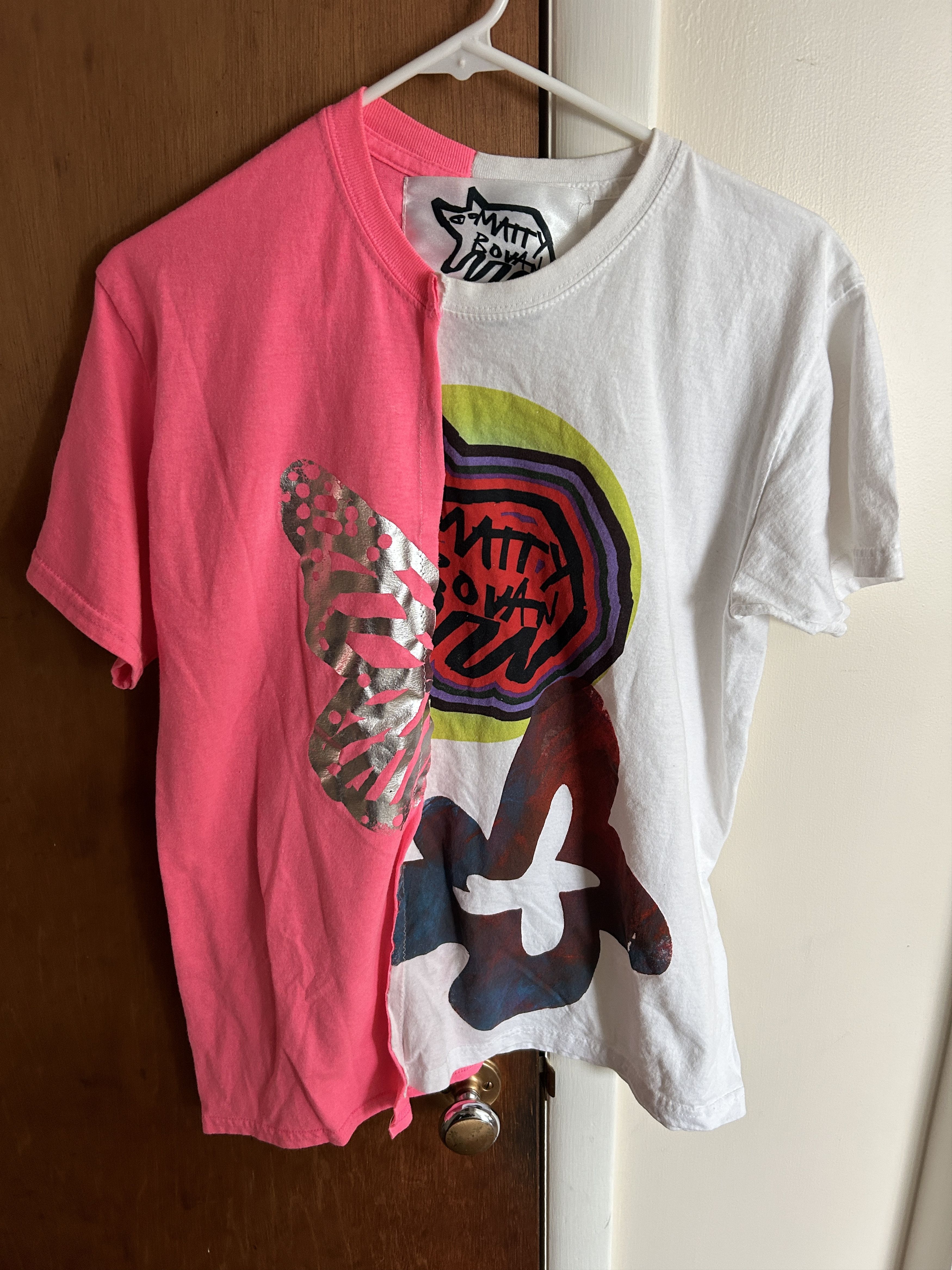 image of Matty Bovan Os Graphic Color Block Hybrid Butterfly Logo Tee in Pink, Women's