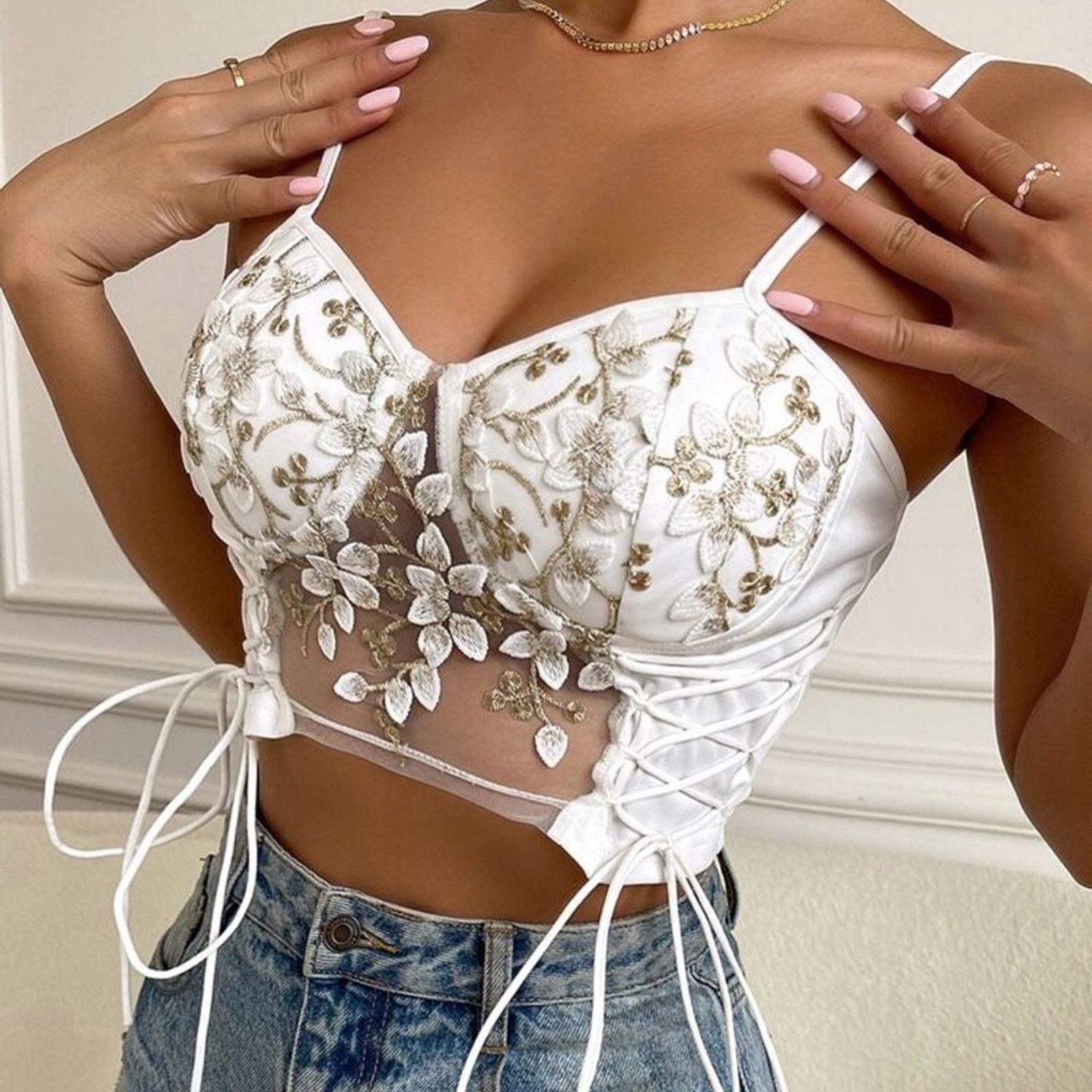 Other New Y2K Chic White Floral Lace-Up Crop Top size S Size S / US 4 / IT 40 - 5 Thumbnail