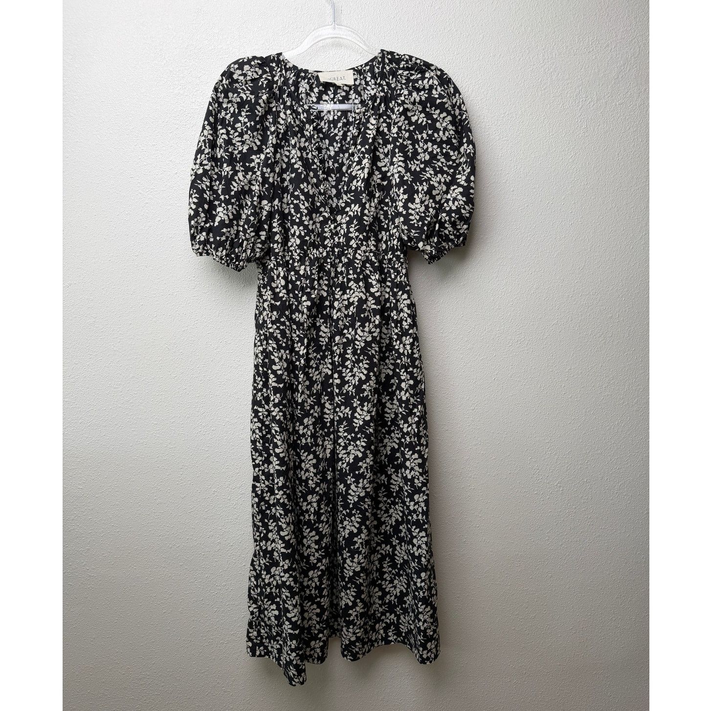 THE GREAT The Great Dress Black Ivory Floral Midi Women Button Front Size XS / US 0-2 / IT 36-38 - 3 Thumbnail