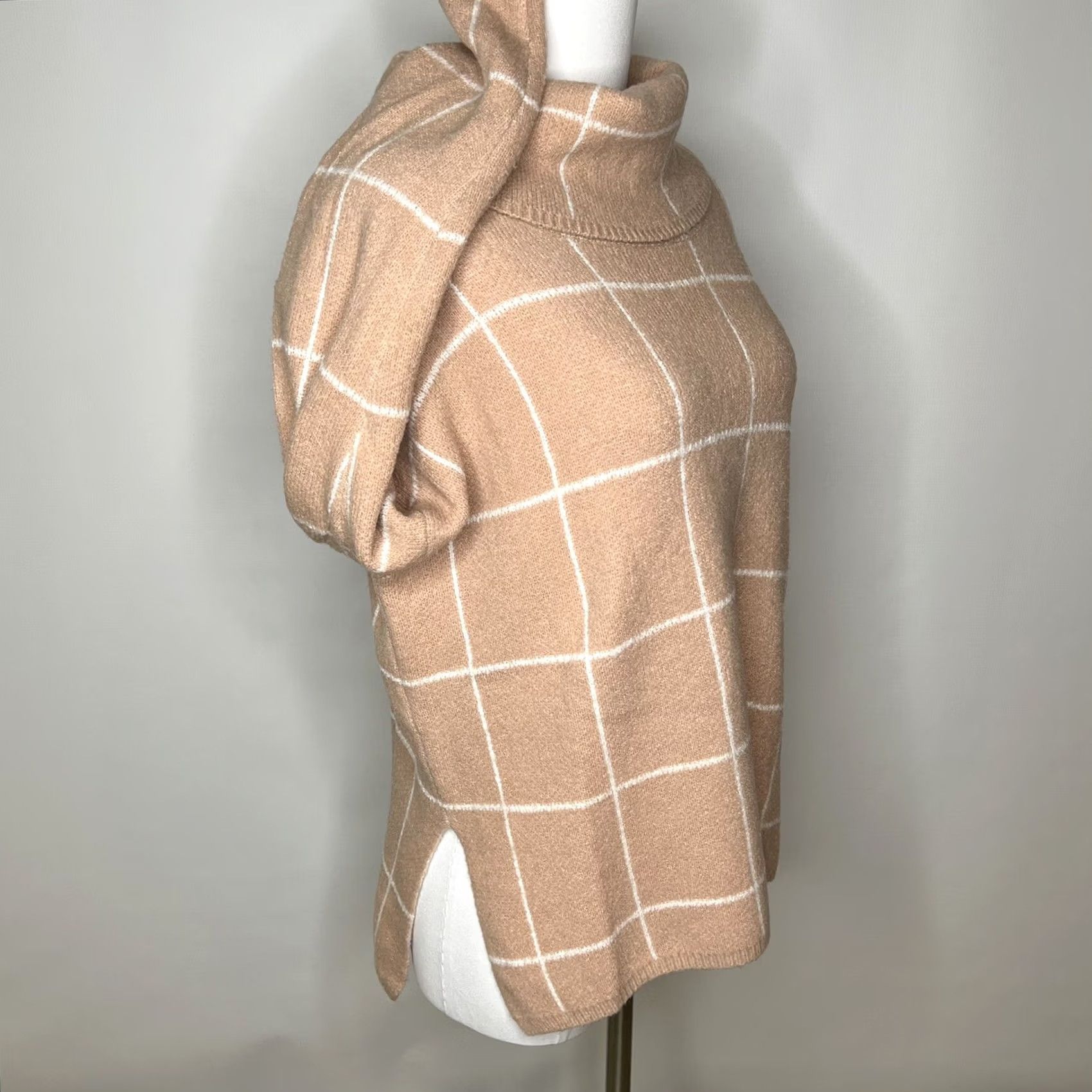Lulus Lulus Pink Windowpane Turtleneck Pullover Sweater Womens S Dolman Knit Stretch Side Slit Size S / US 4 / IT 40 - 2 Thumbnail