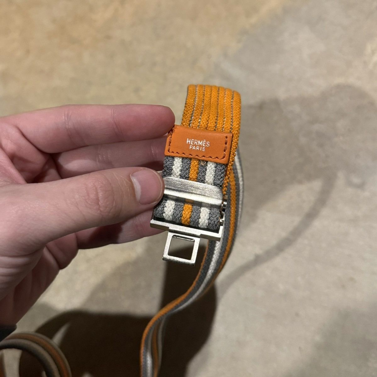 Hermes Hermes H Buckle Canvas Elastic Band Striped Belt Orange Grey Size 30 - 10 Thumbnail