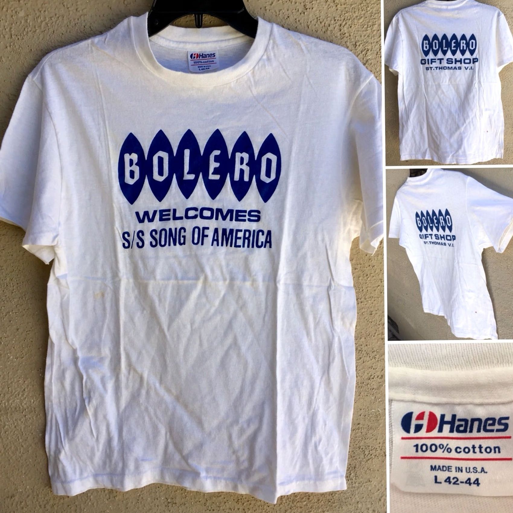 Hanes VINTAGE Hanes Bolero Welcomes S/S Song of America Graphic Tee Shirt Mens L White 1980s St. Thomas VI Gift Shop Size US L / EU 52-54 / 3 - 5 Thumbnail