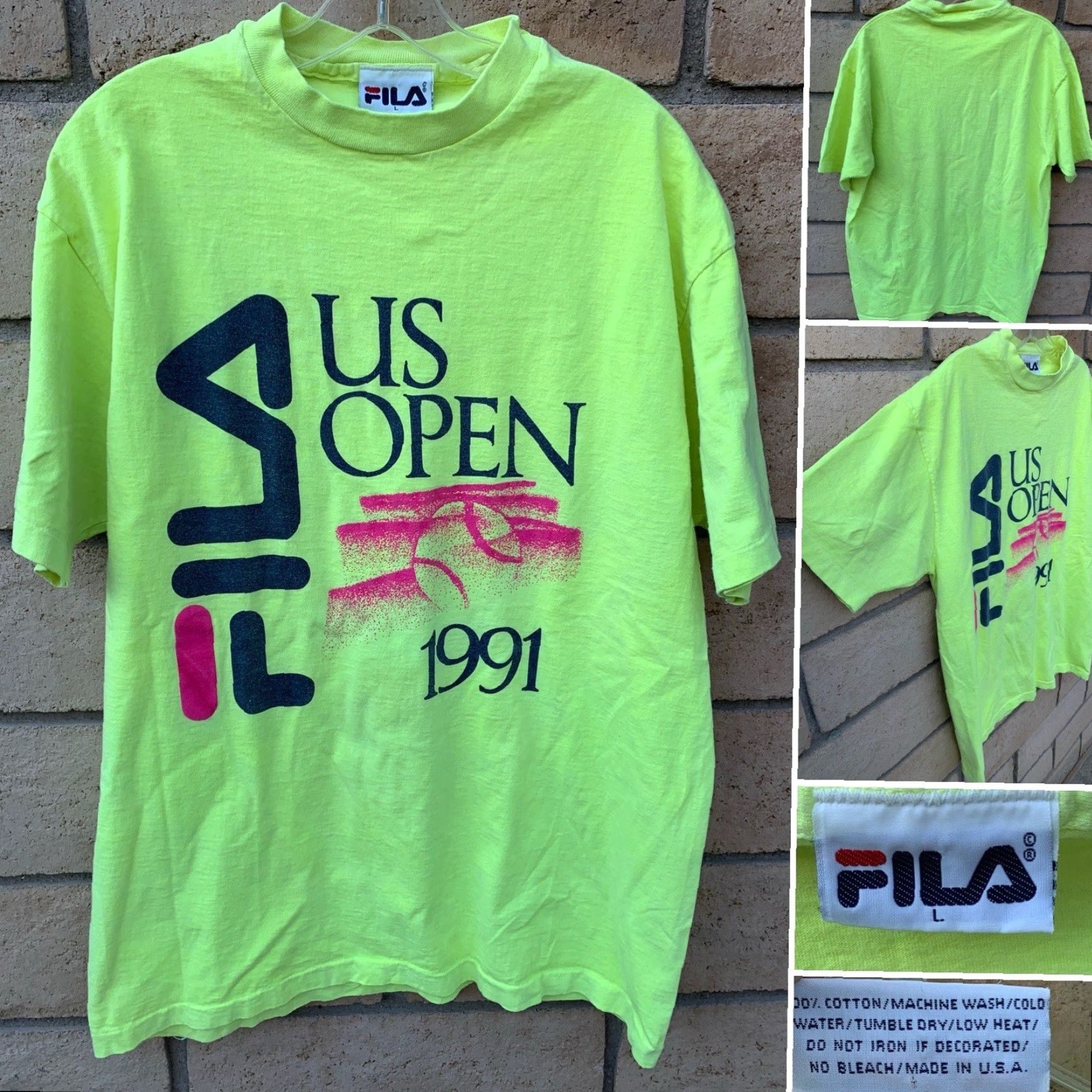 Fila VINTAGE FILA US OPEN 1991 T Shirt Graphic Tee Neon Yellow 90s 1990s Size L Mens Cotton Short Sleeve Graphic Print Open Size US L / EU 52-54 / 3 - 7 Thumbnail