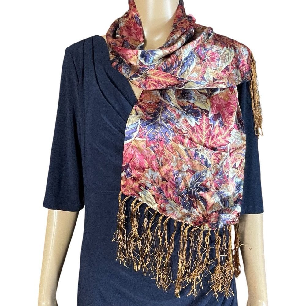 Other Silk Leaves Print Scarf With Tassel 10 x 26 Size ONE SIZE - 1 Thumbnail