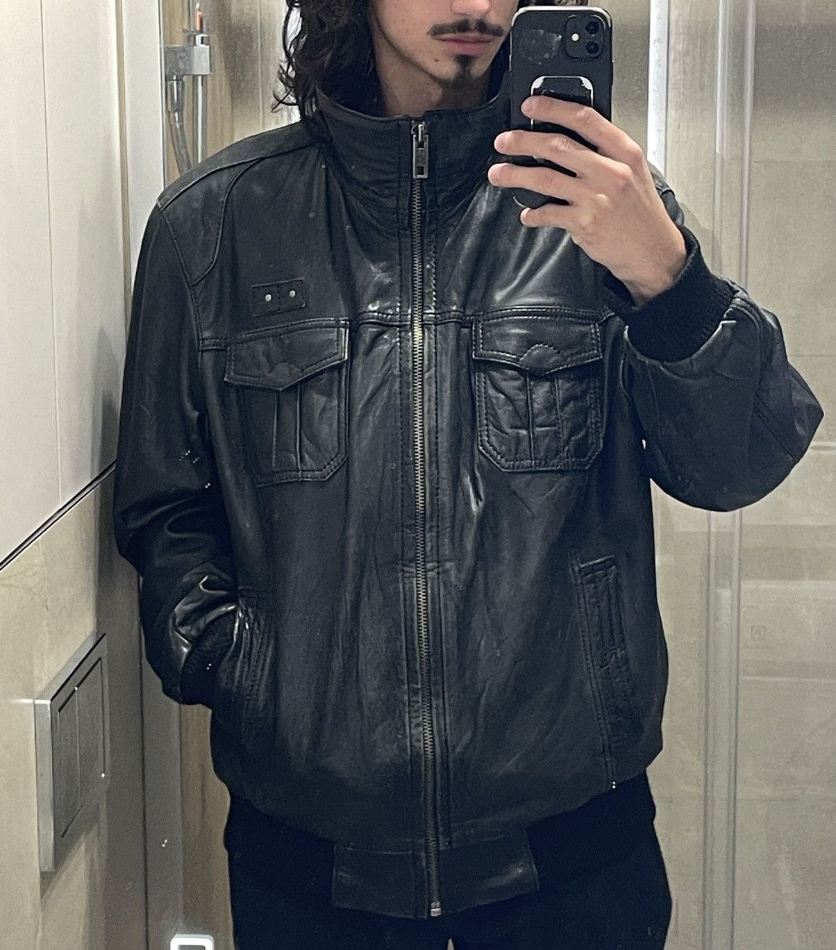 Vintage Washed Black Retro 90s Genuine Real Leater Bomber Punk Rock Size US XL / EU 56 / 4 - 2 Thumbnail