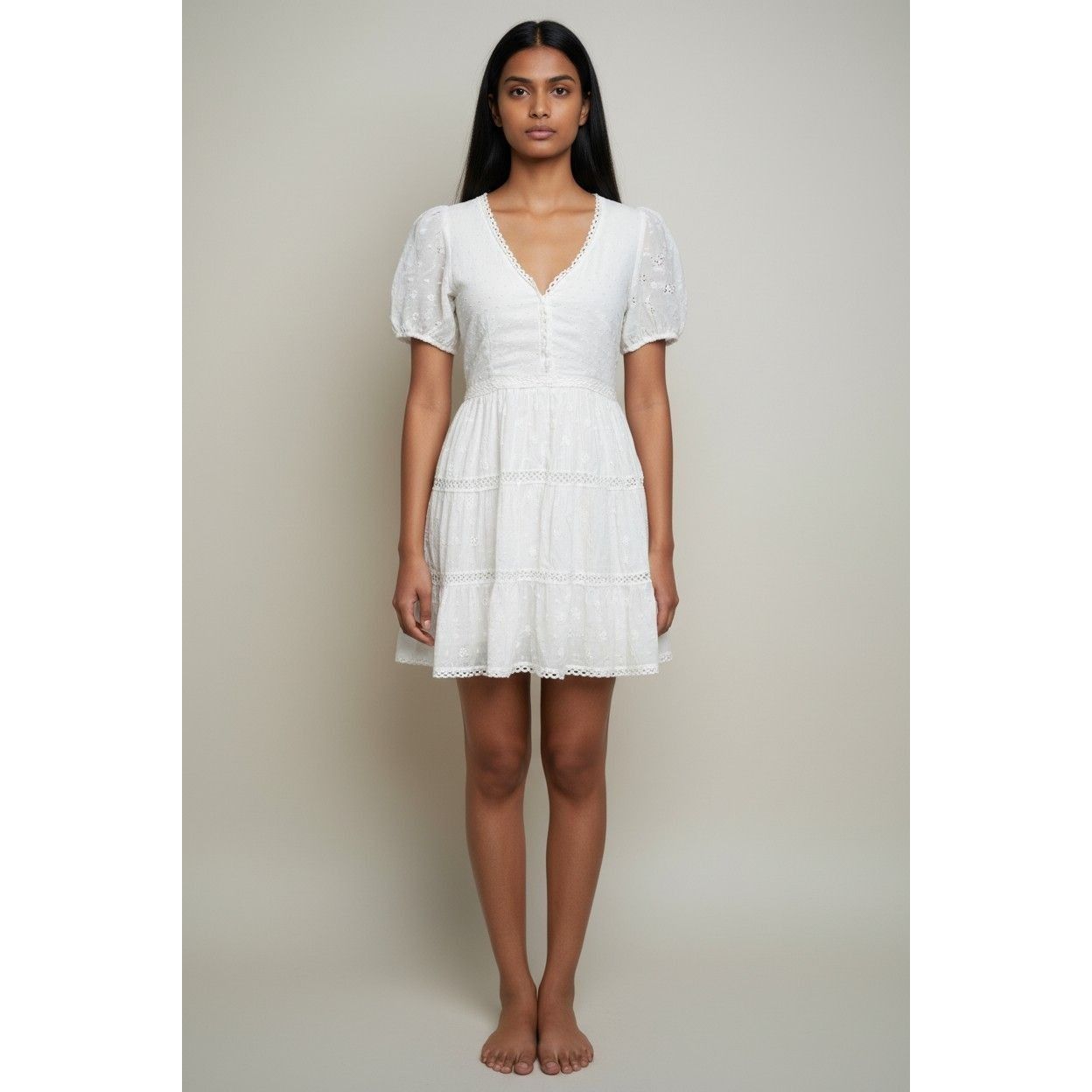 Other Lush Junior’s Puff Sleeve V-neck Tiered Dress, White, Sz. M Size M / US 6-8 / IT 42-44 - 1 Thumbnail