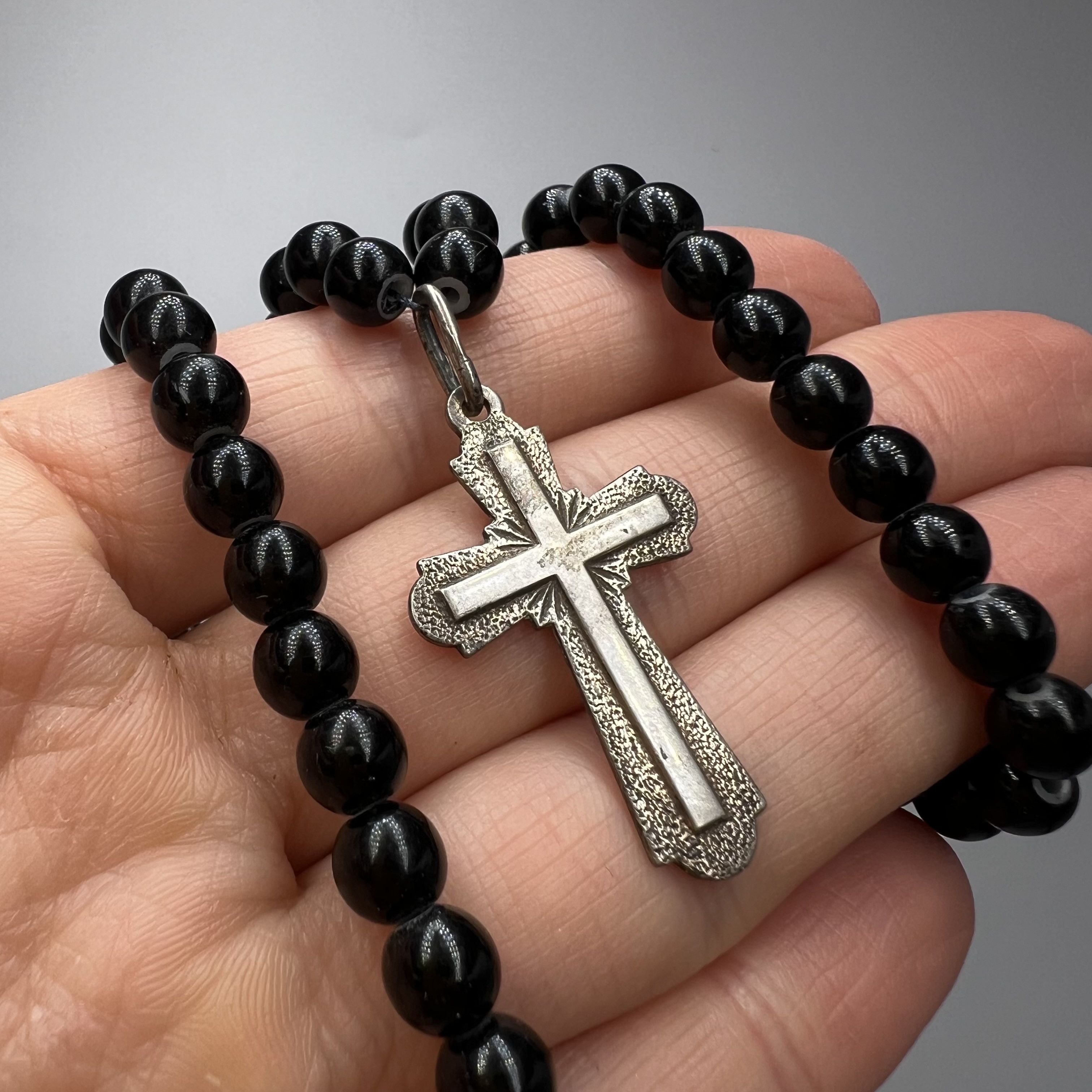 Vintage Vintage Silver Cross Rosary Black Beads Christian Prayer Size ONE SIZE - 1 Thumbnail
