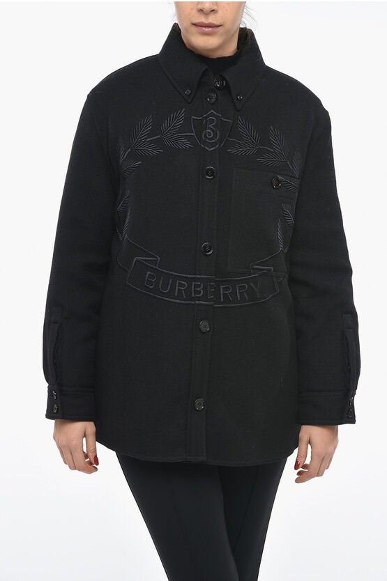 image of Burberry Padded Virgin Wool Overshirt With Embroideries in Black, Women's (Size Medium)