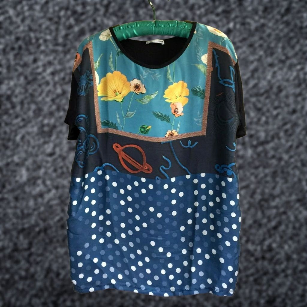 Zara Zara W/B Women's Multicolor Floral Polka Dot Short Sleeve Tunic Top L Size L / US 10 / IT 46 - 1 Thumbnail