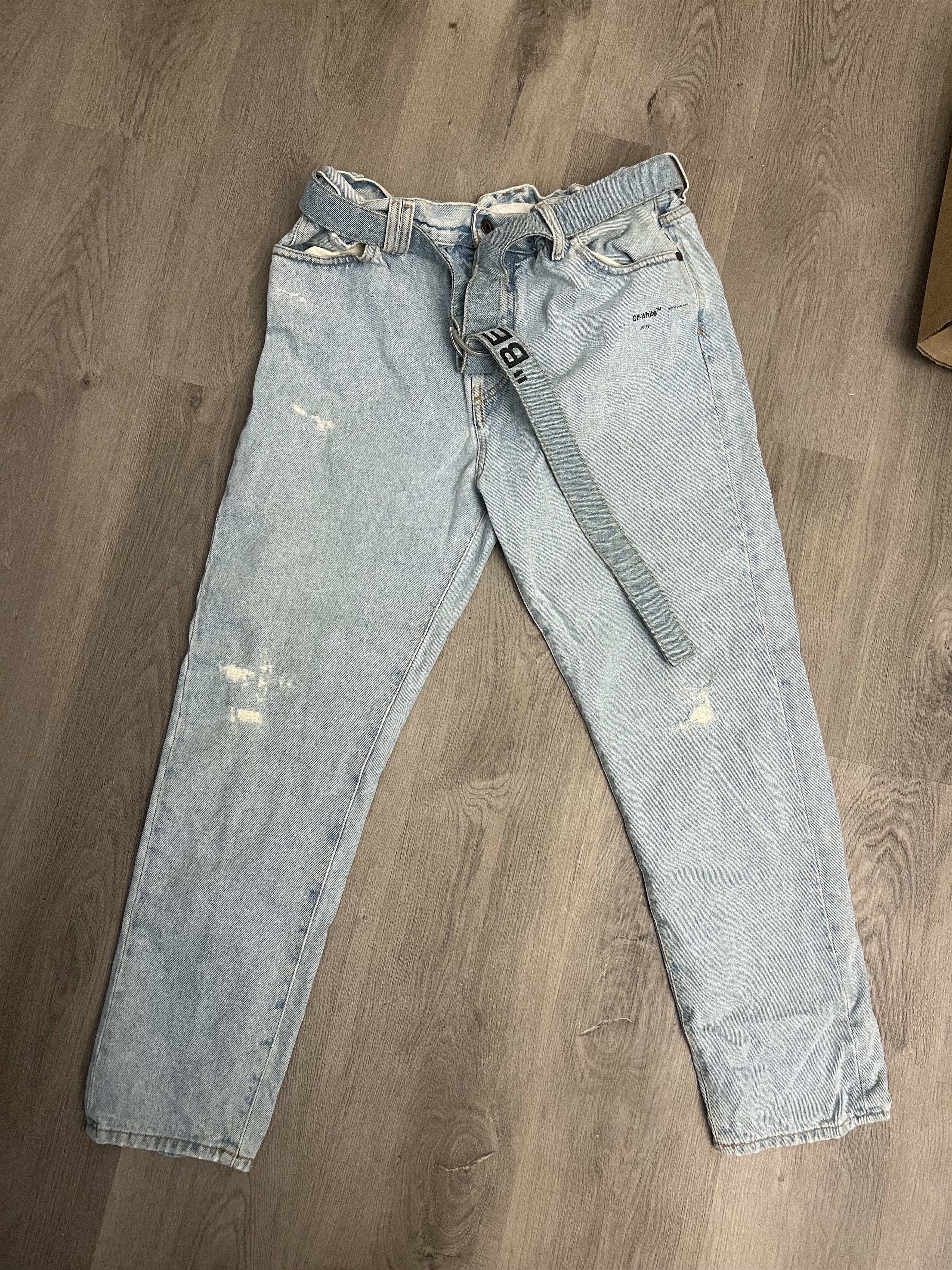 image of Off White Distressed Belted Crop Jeans in Blue, Men's (Size 34)