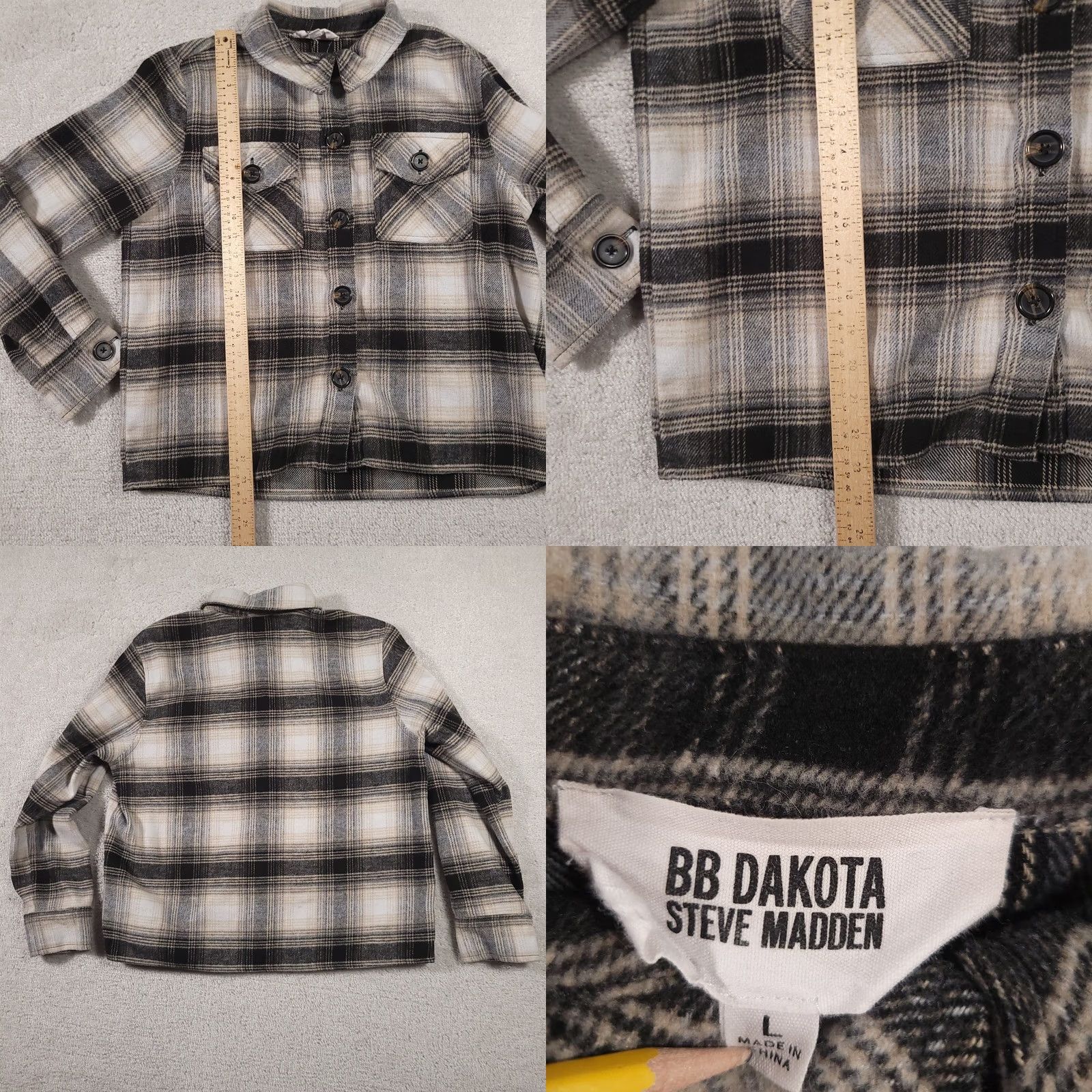 BB Dakota BB Dakota By Steve Madden Button Up Boxy Flannel Shacket Shirt Gray Plaid Womens Large L Size L / US 10 / IT 46 - 8 Thumbnail