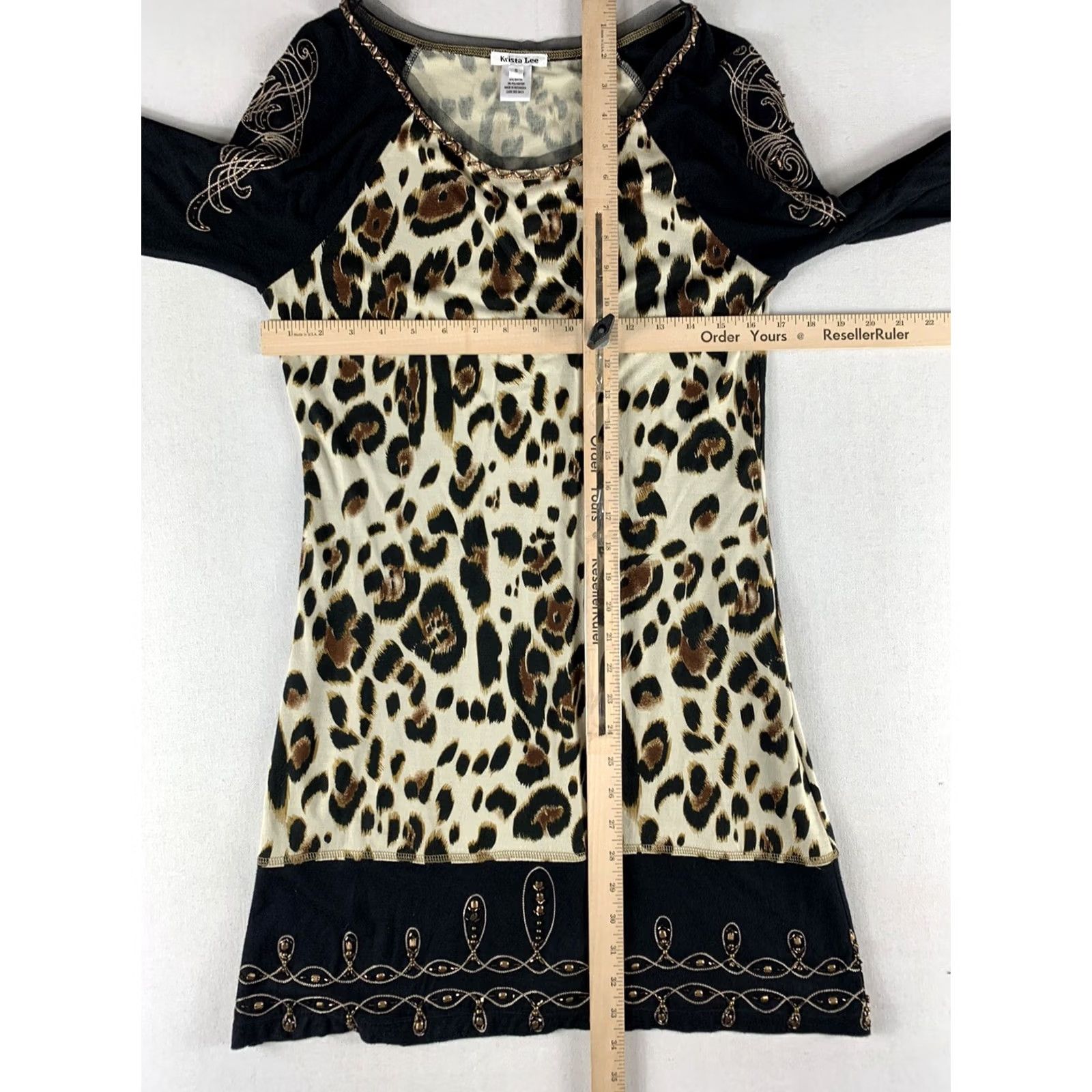 Lee KRISTA LEE DRESS WOMENS SMALL LEOPARD PRINT BLACK BEIGE LONGSLEEVE RINESTONES - Business Casual Size S / US 4 / IT 40 - 4 Thumbnail