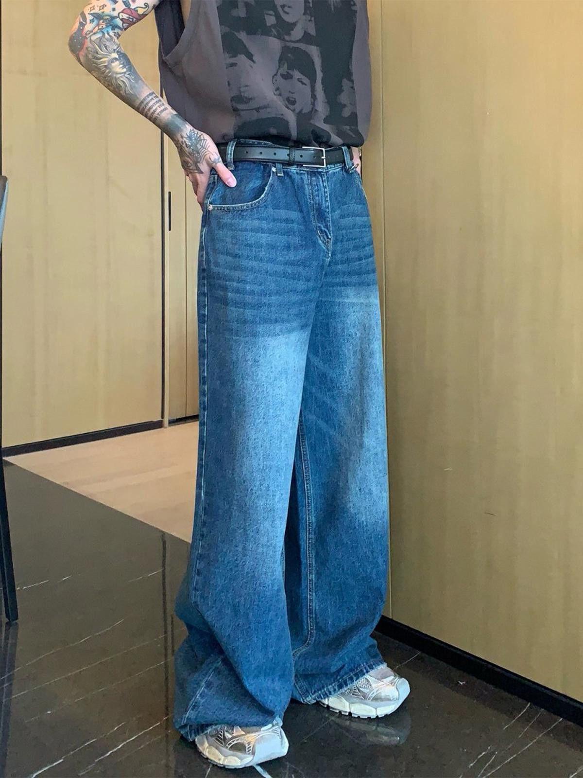 Washed Wide-Leg Denim Jeans Chunky Flared Pants