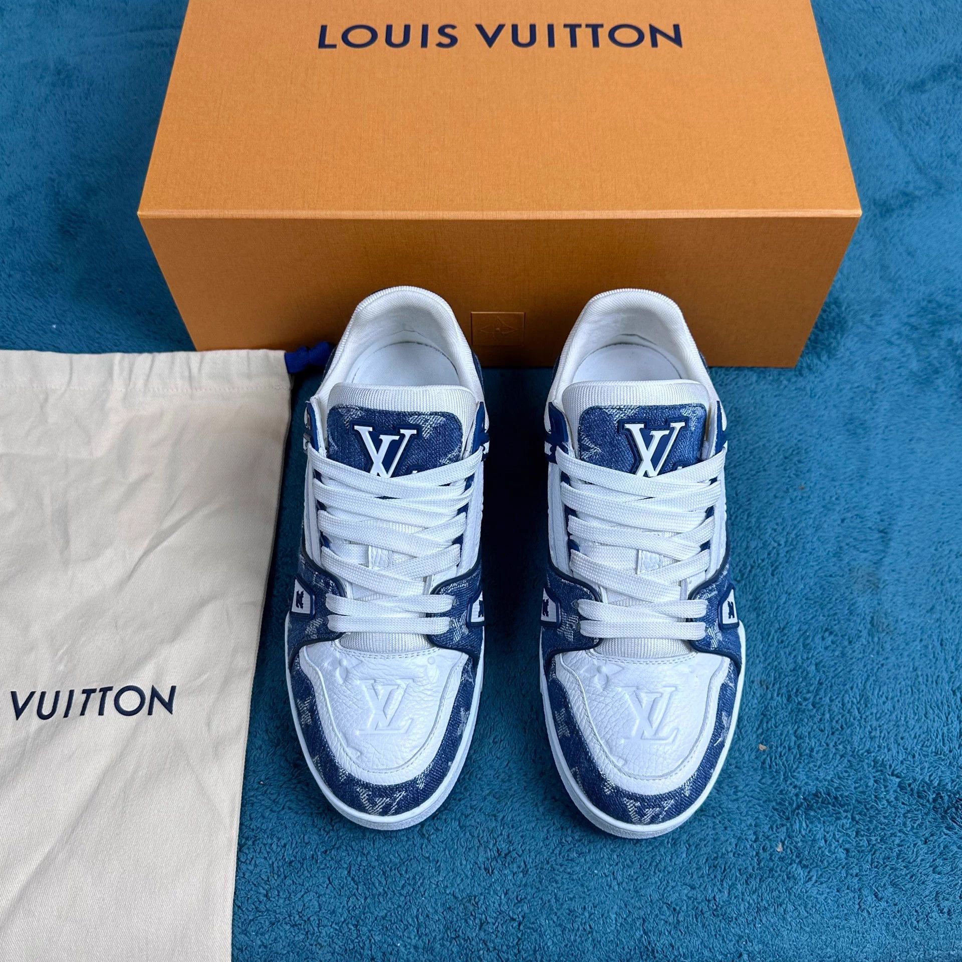 Louis Vuitton LV Trainer White Blue All Over Print Denim Size US 7 / IT 37 - 1 Thumbnail
