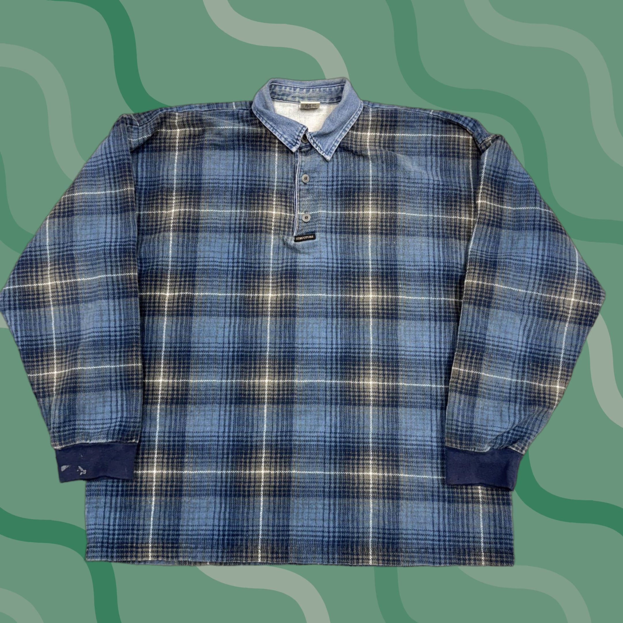 Denime VINTAGE Structure Sweatshirt Mens Large plaid pullover collared 100% Cotton USA Made Blue/Multi Size US L / EU 52-54 / 3 - 1 Thumbnail