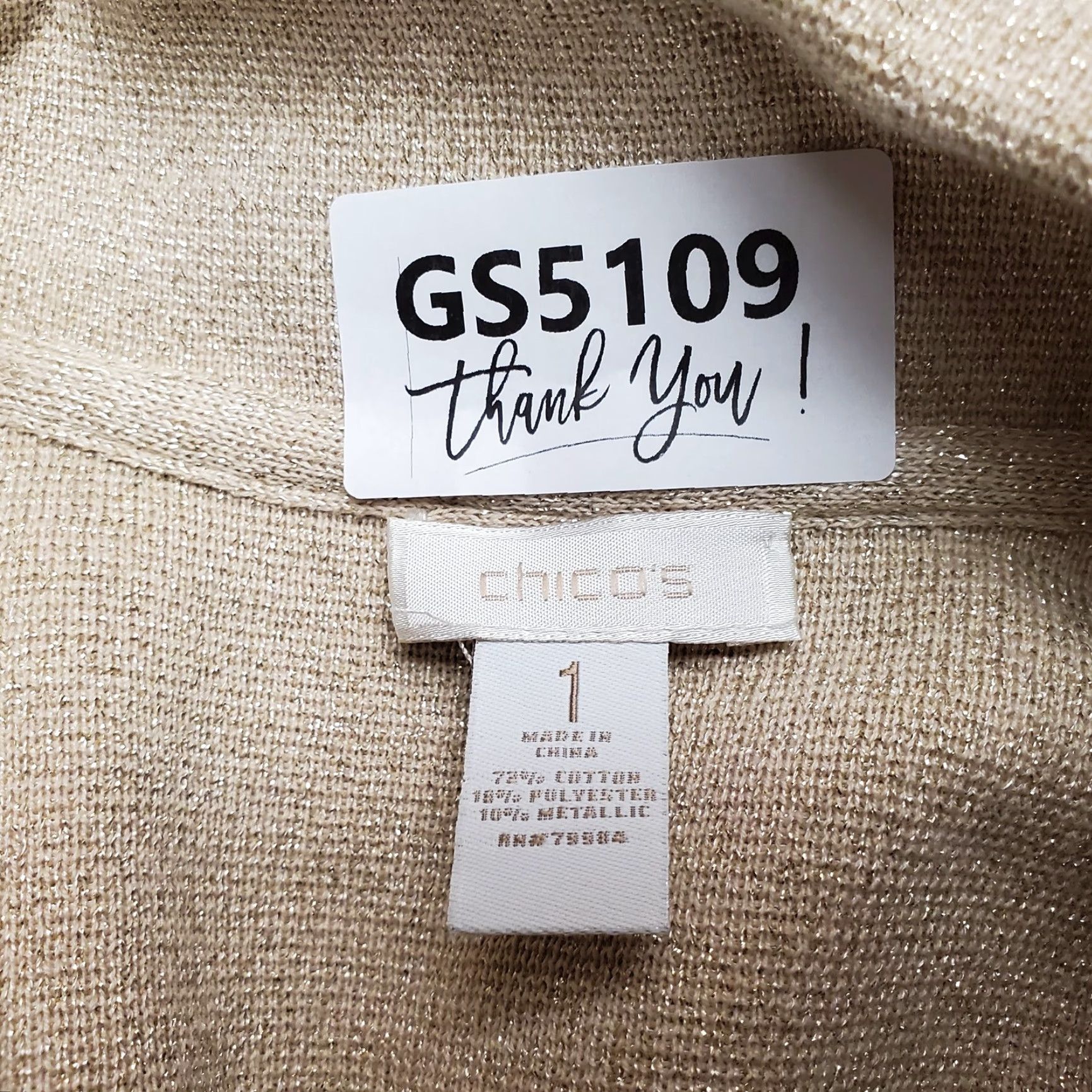 Vintage Chicos Cardigan Womens Size 1 US 8 Beige Metalic Gold Open Front Knit Casual Shirt Size XS / US 0-2 / IT 36-38 - 7 Thumbnail