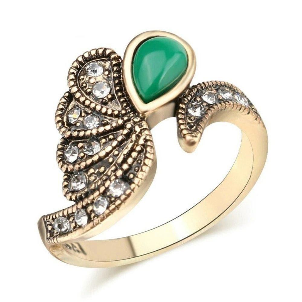 Designer Antique Gold Mosaic Green Resin Ethnic Boho Ring - Size 7 Size ONE SIZE - 5 Thumbnail