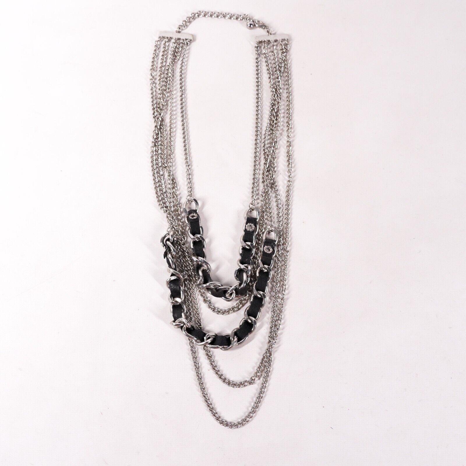 Other Metal Silver Chain Black Leather 17" Necklace Choker Jewelry Size ONE SIZE - 1 Thumbnail