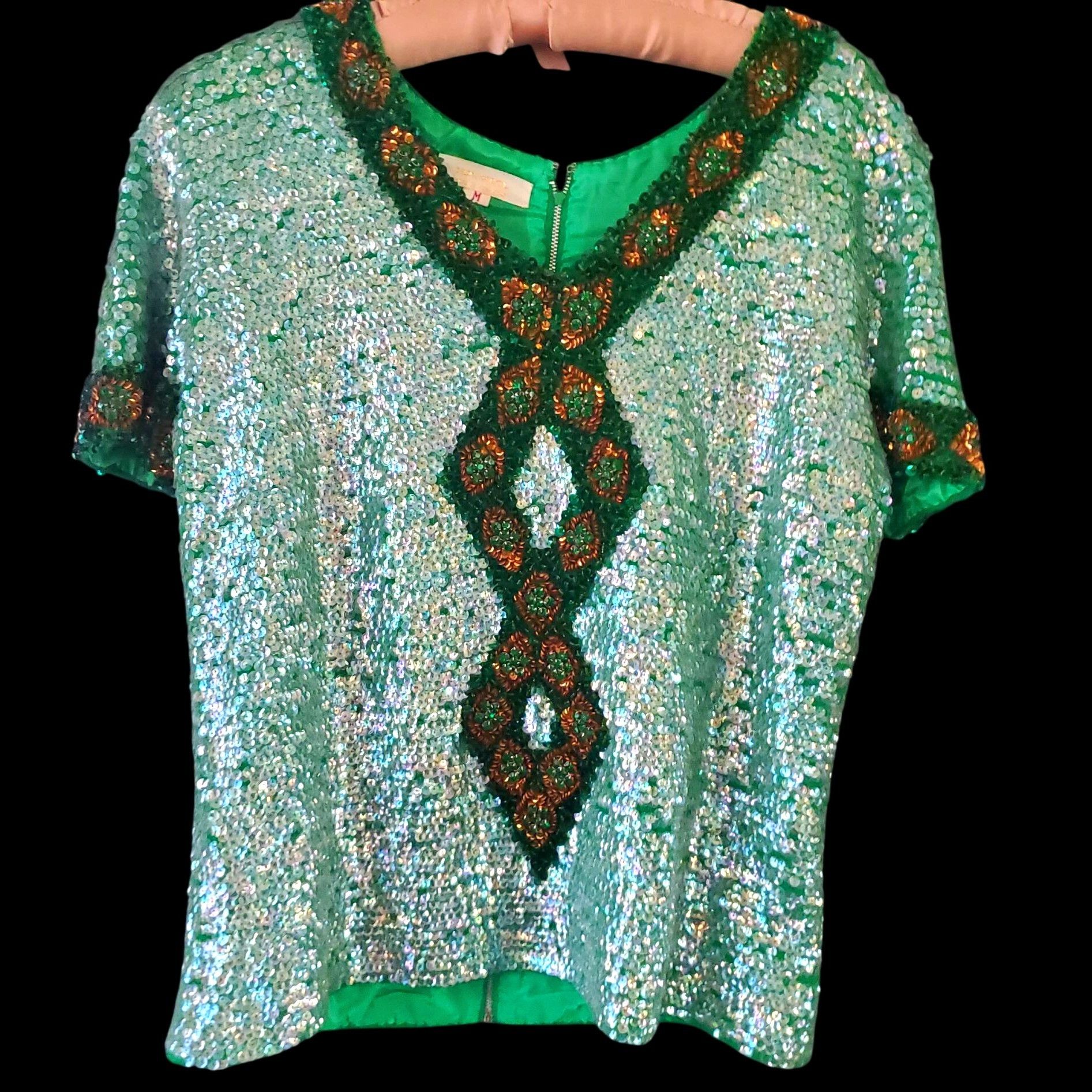 Vintage Vintage Sequin Beaded Green Skirt Set Size L 60s NWOT Cockta Size L / US 10 / IT 46 - 6 Thumbnail