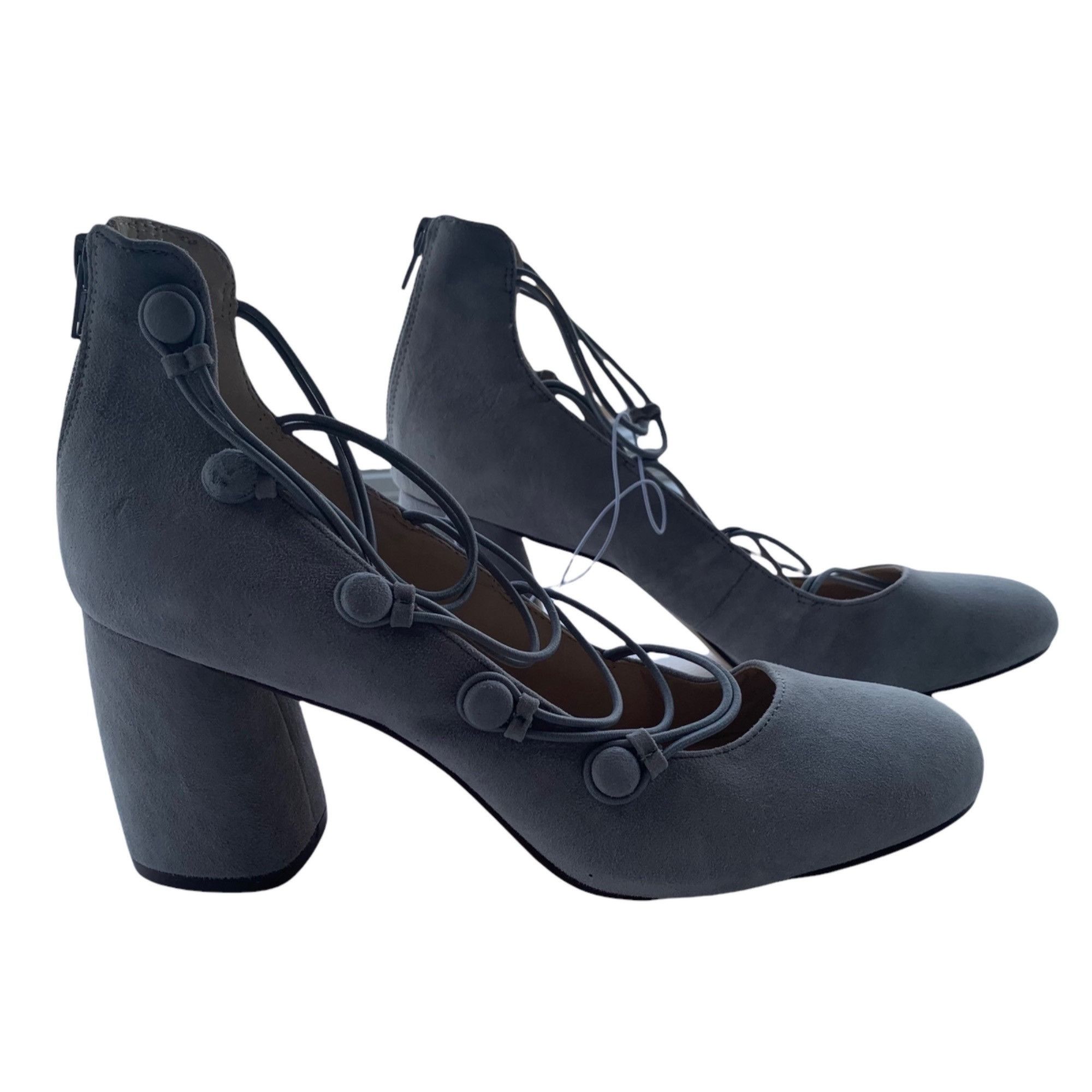 Nine West Kaede Gray Suede Strappy Block Pumps 10