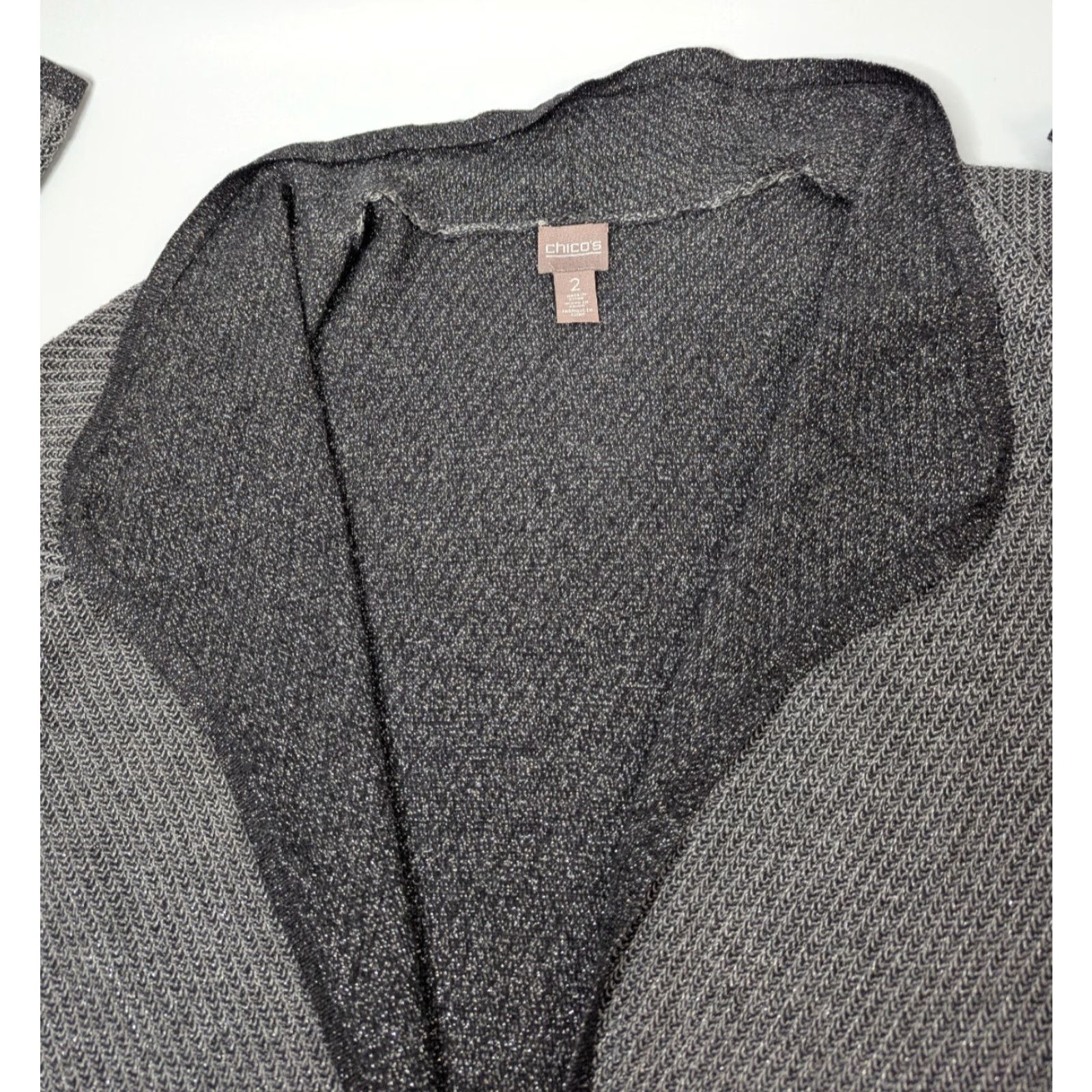 Vintage Chico's Cardigan Women Regular Open Front Knit 3/4 Sleeve Gray Cotton Acrylic Metallic Nylon Size XS / US 0-2 / IT 36-38 - 6 Thumbnail