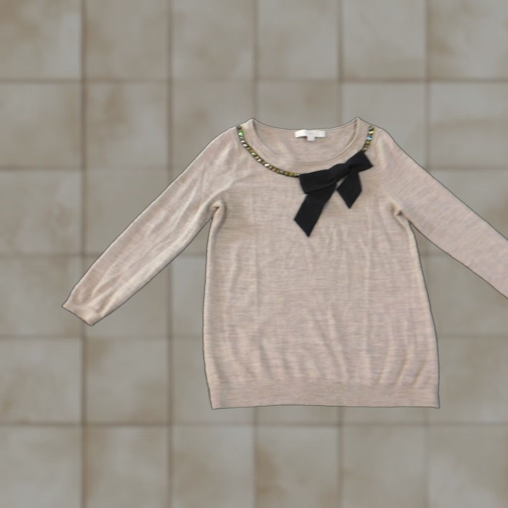 Loft LOFT Sweater Small Beige Womens Beaded Rhinestone Wool Acrylic Pullover Round Neck Long Sleeve Knit Regular Size S Casual Modern Designer Fall Winter Size S / US 4 / IT 40 - 1 Thumbnail