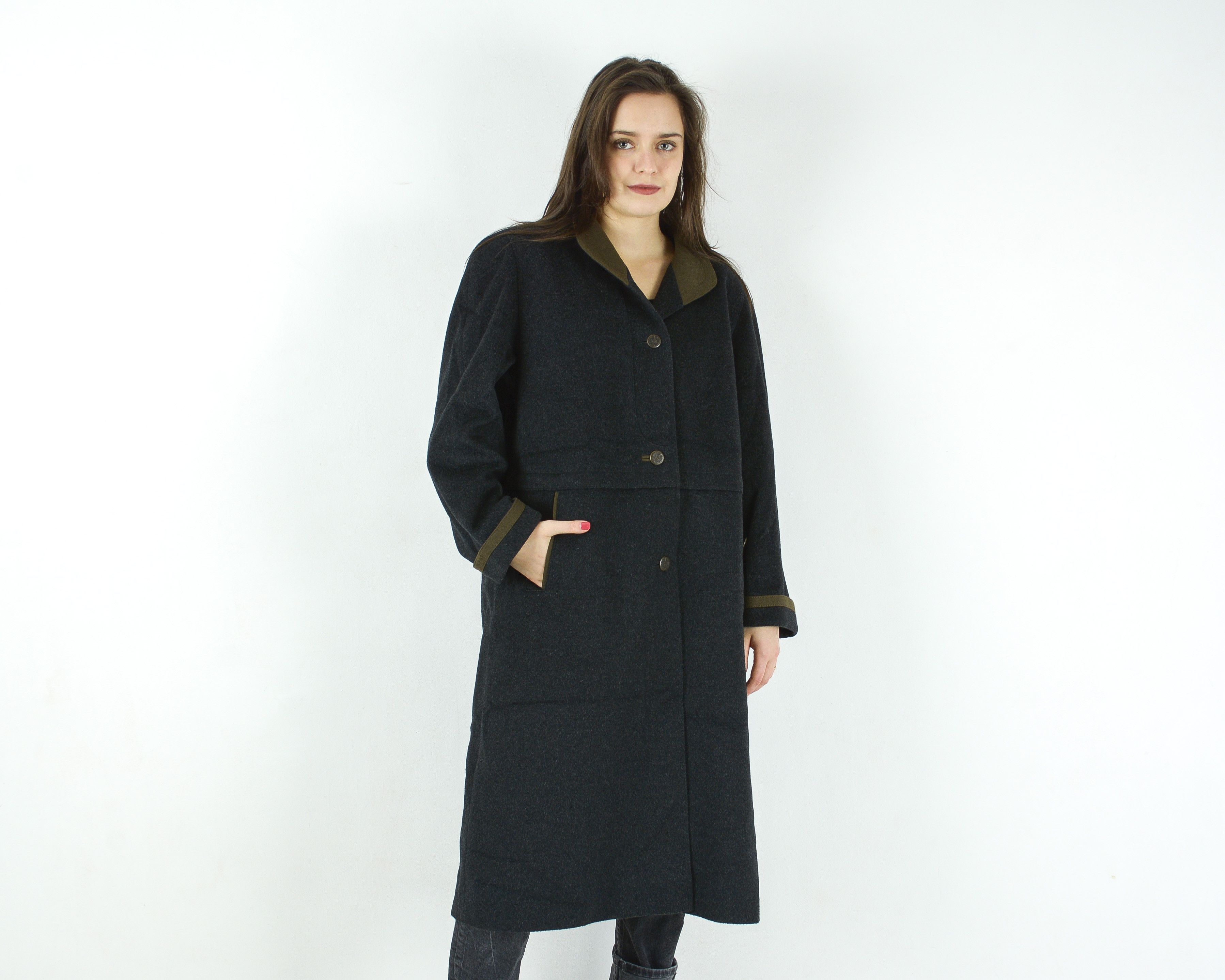 image of Vintage Hensel & Mortensen Linea Classica Loden Wool Alpaca Coat in Black, Women's (Size Large)