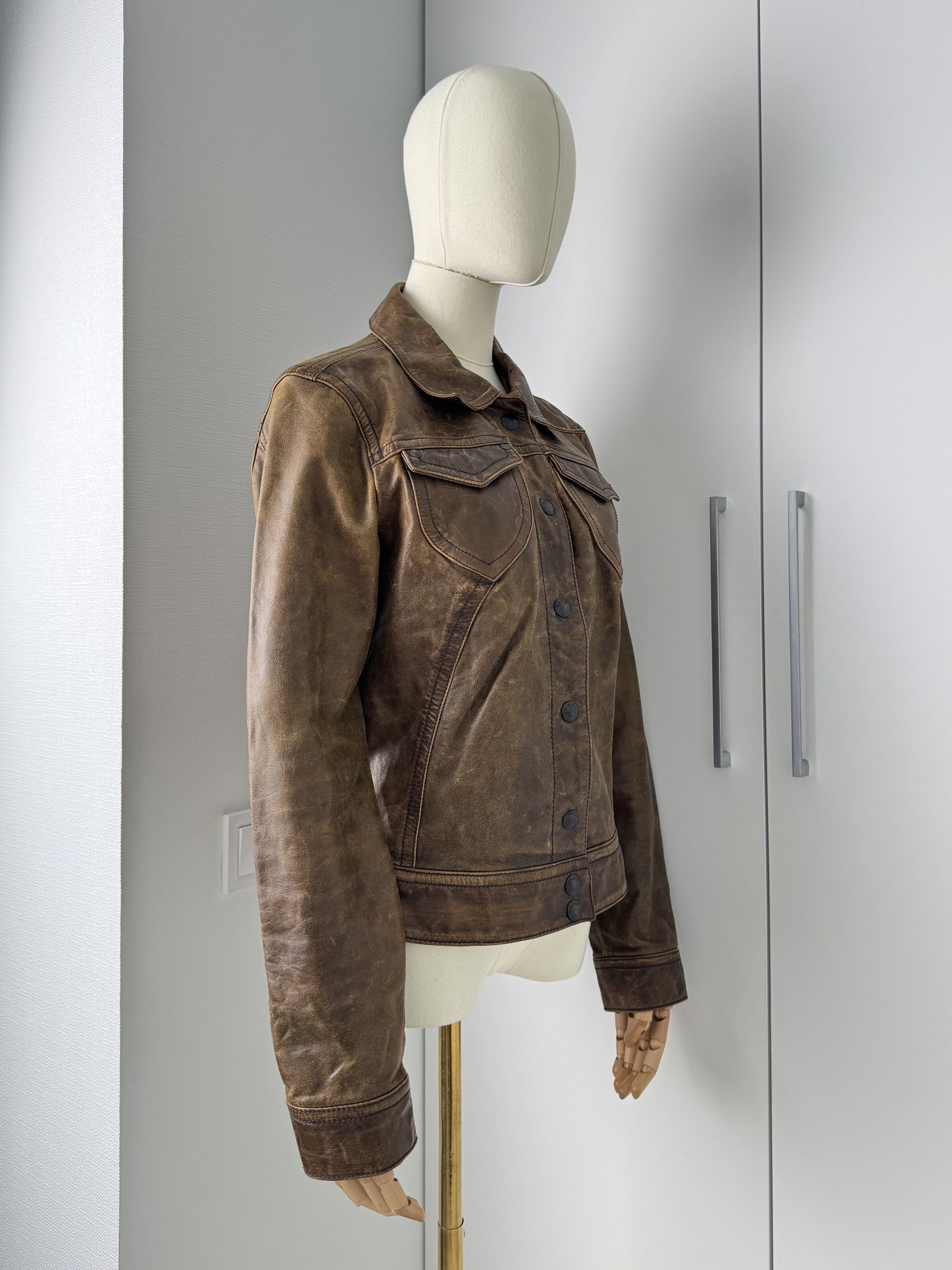 Vintage Y2K Brown Leather Jacket Womens Fitted Button Up Biker Style Size S / US 4 / IT 40 - 2 Thumbnail