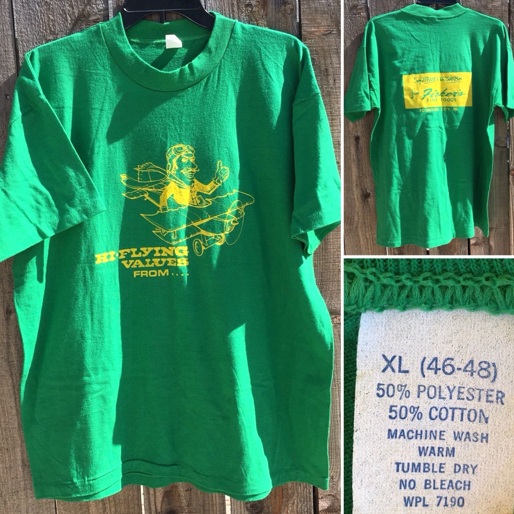 Vintage VINTAGE WPL 7190 T Shirt Men XL Green HI FLYING Jim Fisker’s Fine Foods Fountain City IN Graphic Tee Sportswear/Beach Size US XL / EU 56 / 4 - 6 Thumbnail