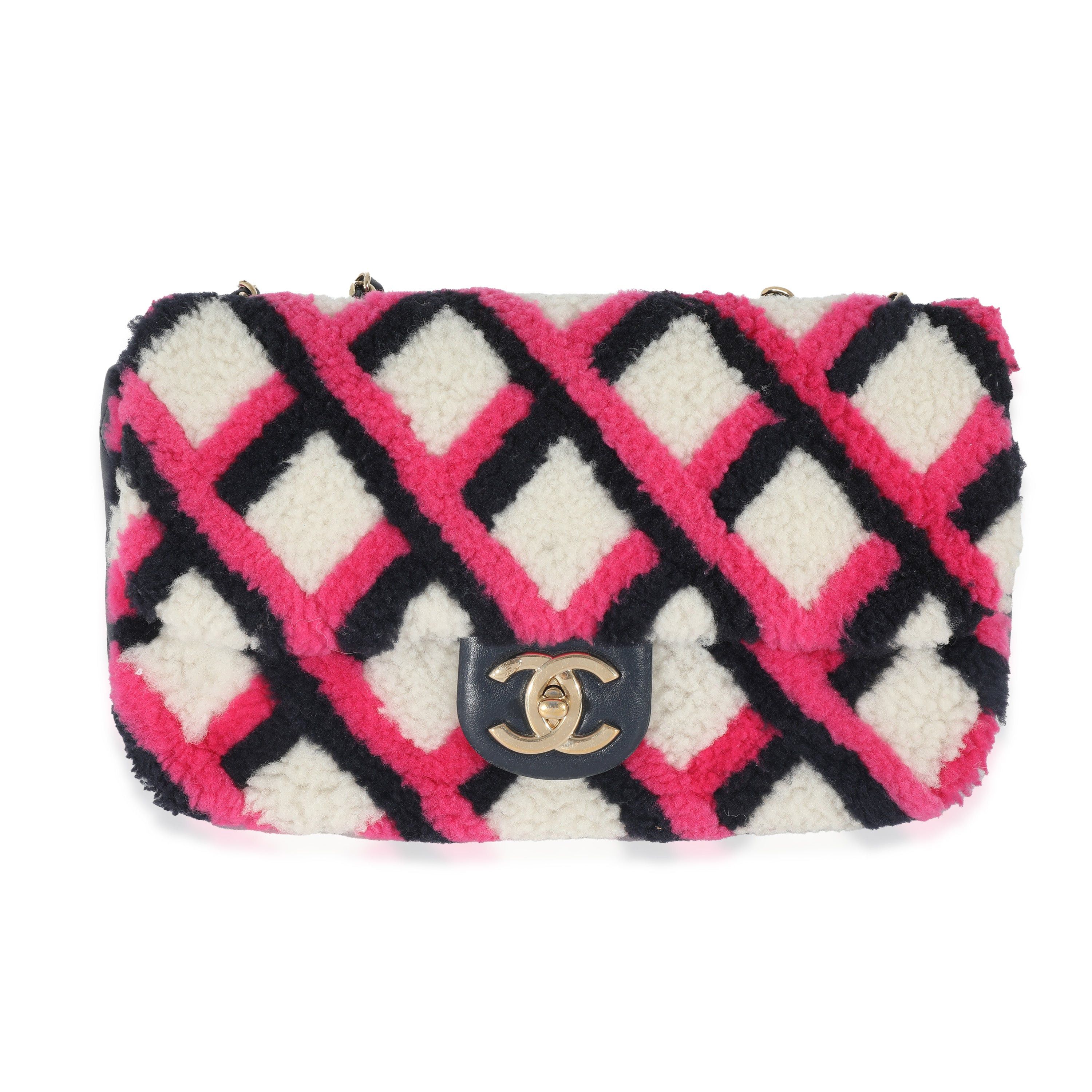 image of Chanel Fuchsia Navy White Shearling Lambskin Emoticon Single Flap Bag, Women's