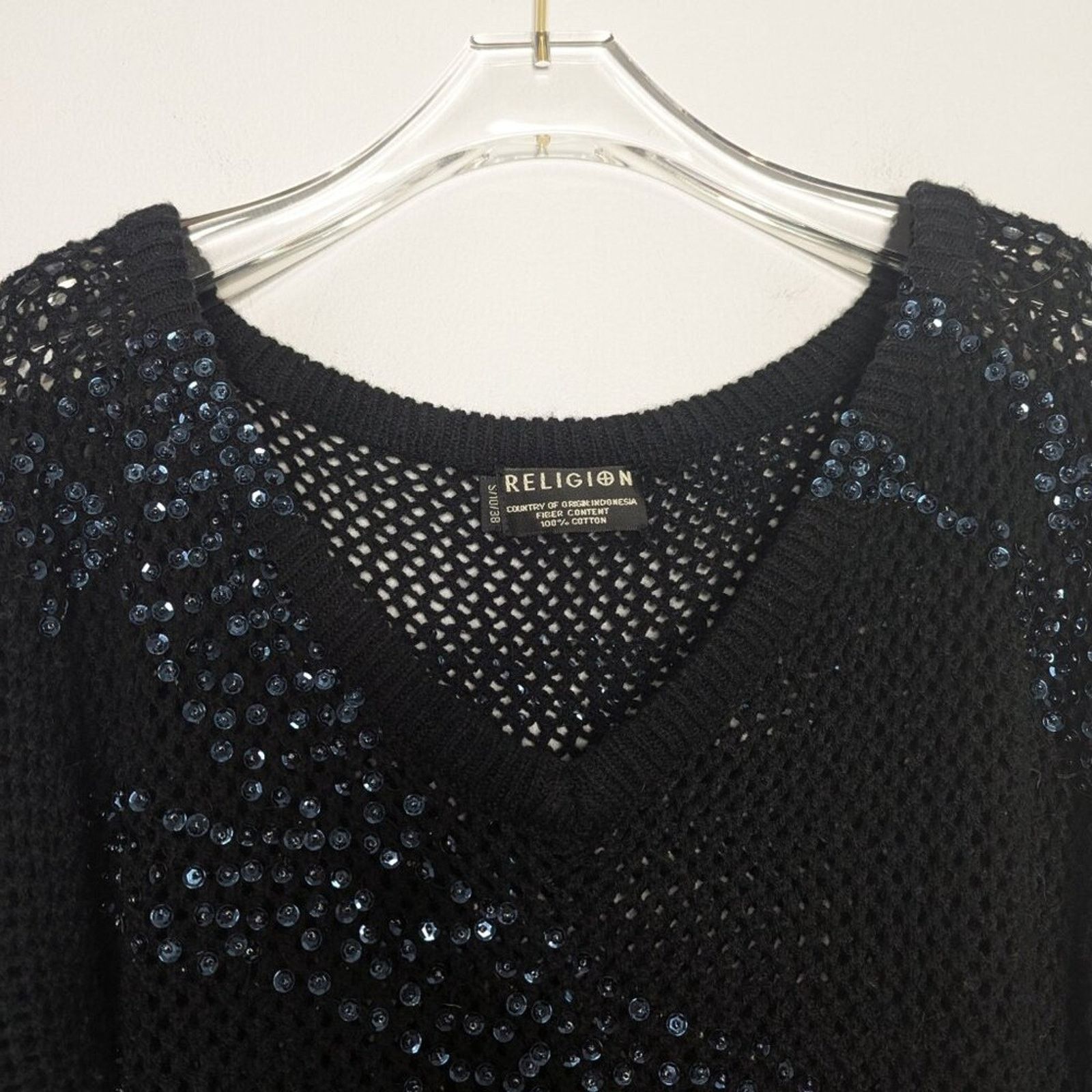 Other Religion Black Open Knit Crochet Sweater Iridescent Sequins Size S / US 4 / IT 40 - 4 Thumbnail