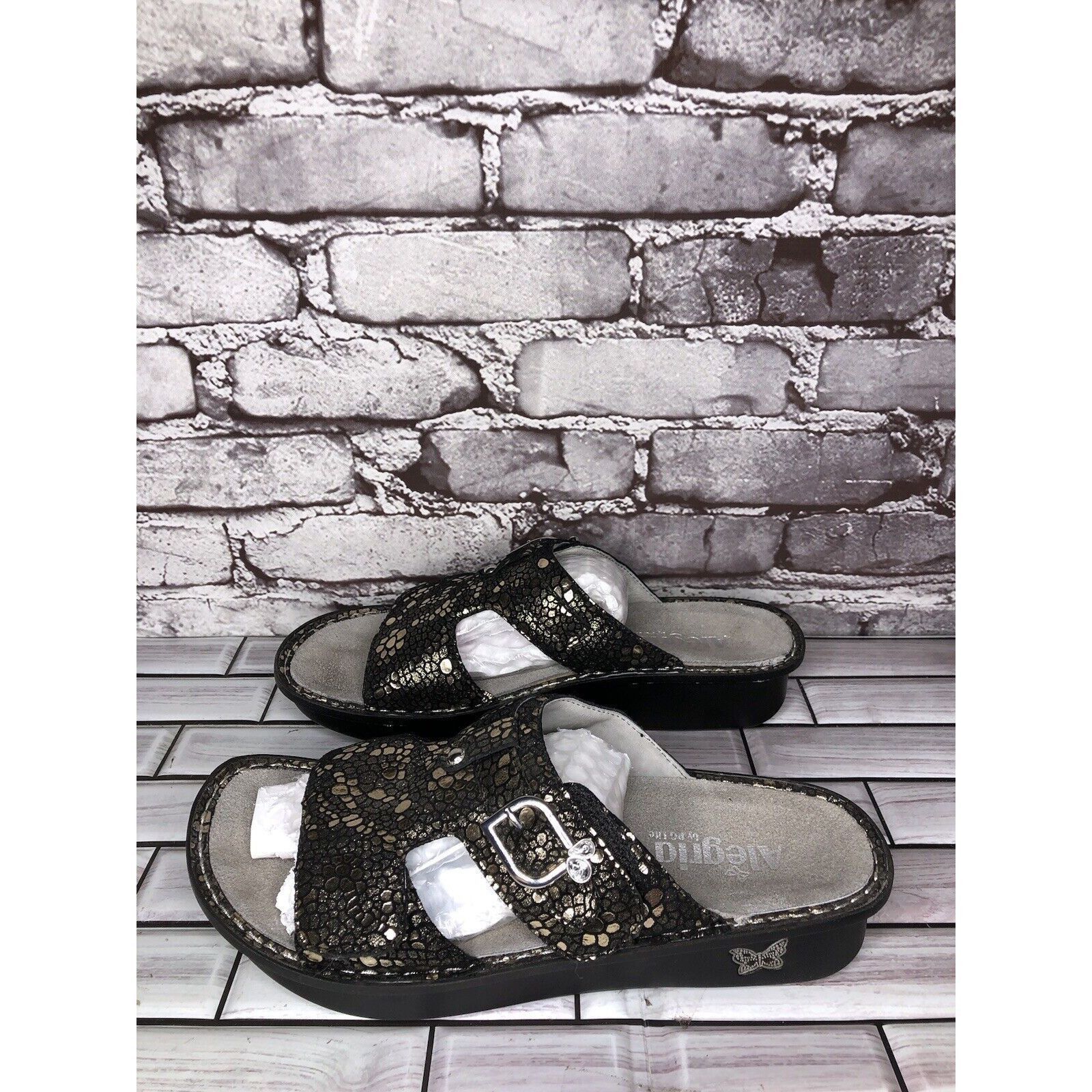 Other Alegria PEG 780 Black Silver Mosaic Leather Platform Slides Size US 10.5 / IT 40.5 - 14 Thumbnail