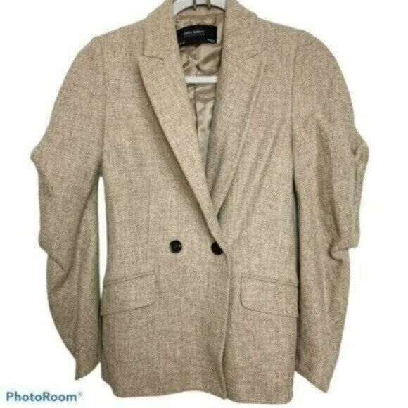 Zara Zara Tan Ruched-Sleeve Lambswool Blazer Sz S NEW Size S / US 4 / IT 40 - 1 Thumbnail