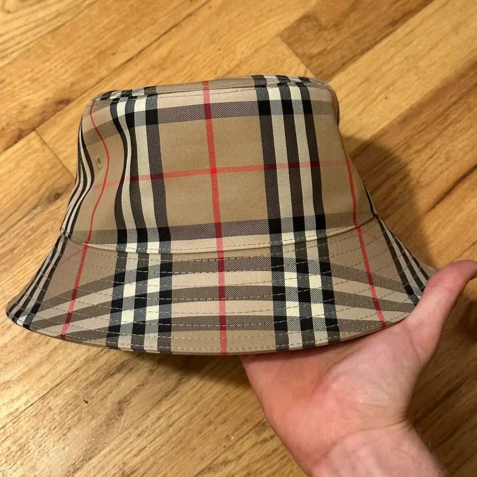 image of Burberry Nova Check Monogram Bucket Hat Cotton Canvas Cap in Beige, Men's
