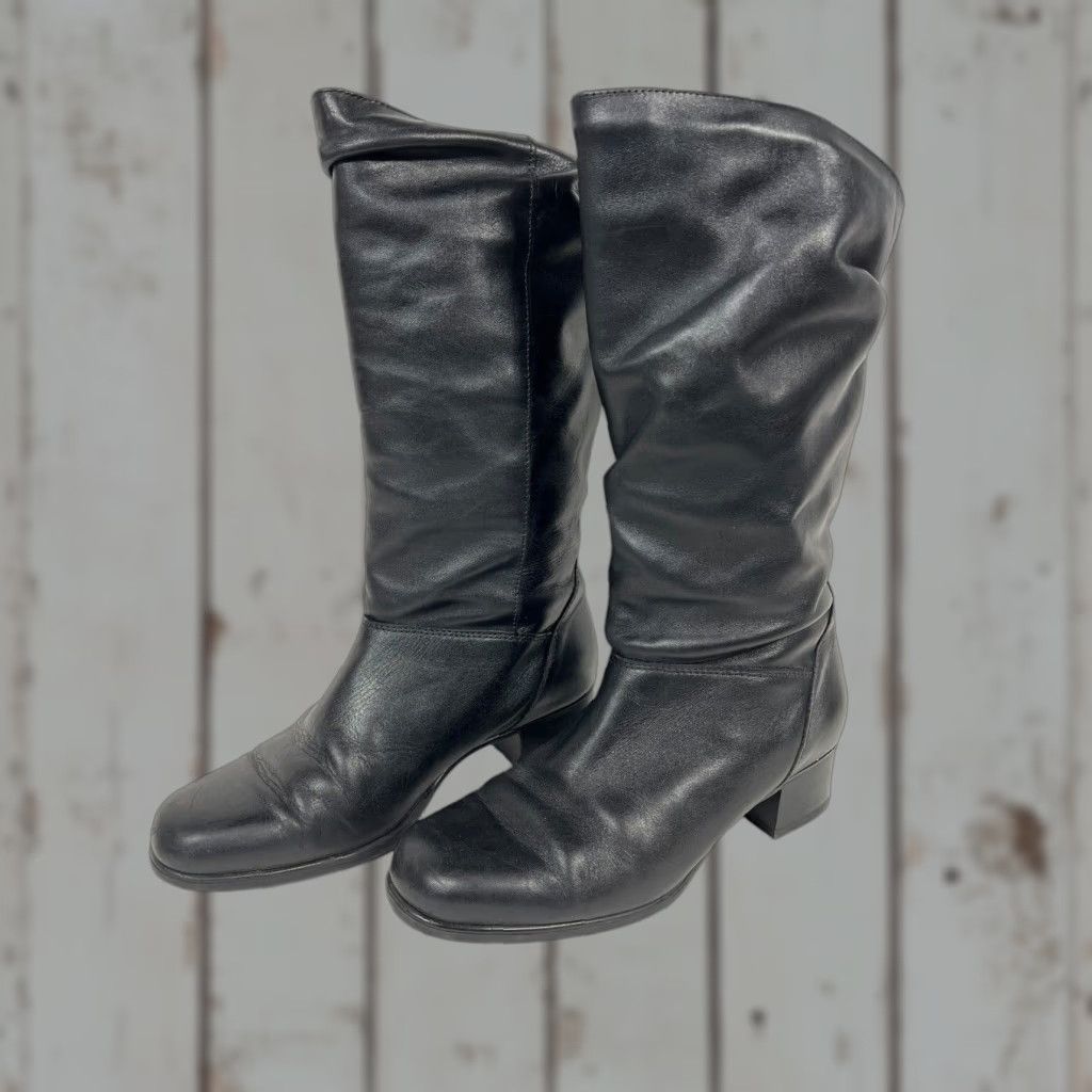 Vintage Black Leather Mid-Calf Slouch Boots WomenS 7.5 B - Almond Toe, Pull On, Low Heel Shoes, Water Resistant, 90's Bohemian, Women's