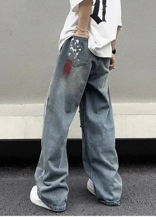 Japanese Brand Stylish Splash Ink Blue Distressed Baggy Jeans Size US 32 / EU 48 - 5 Thumbnail