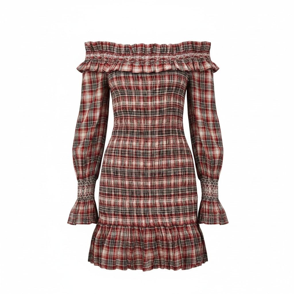 Anthropologie NWT Pilcro Smocked Plaid Mini Dress $168 LARGE Red Size L / US 10 / IT 46 - 7 Thumbnail