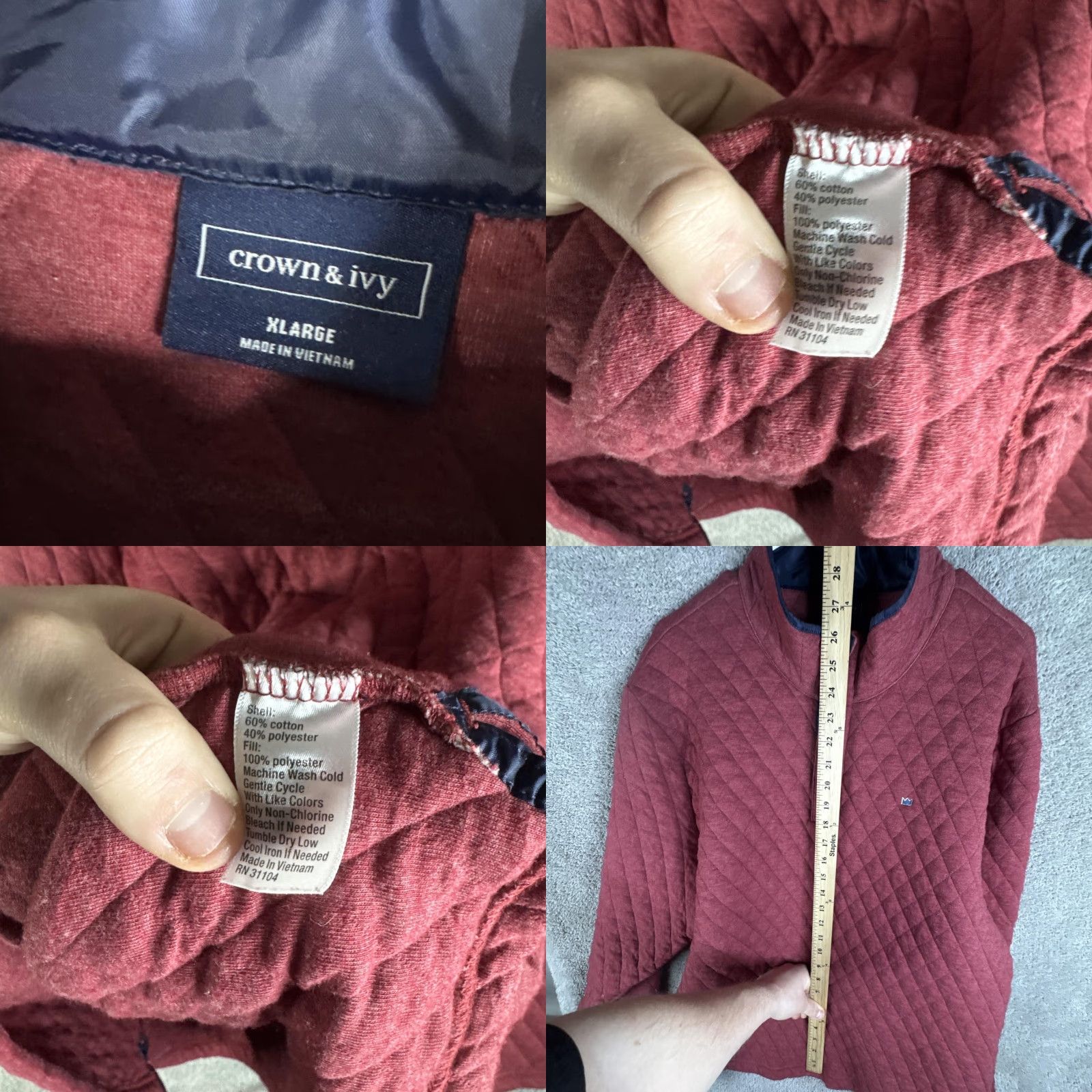 Vintage Crown & Ivy Sweatshirt Mens XL Red Quilted Snap Henley Pullover Mock Neck Lined Winter Heavyweight Insulated Jersey Cotton Polyester Size US XL / EU 56 / 4 - 8 Thumbnail