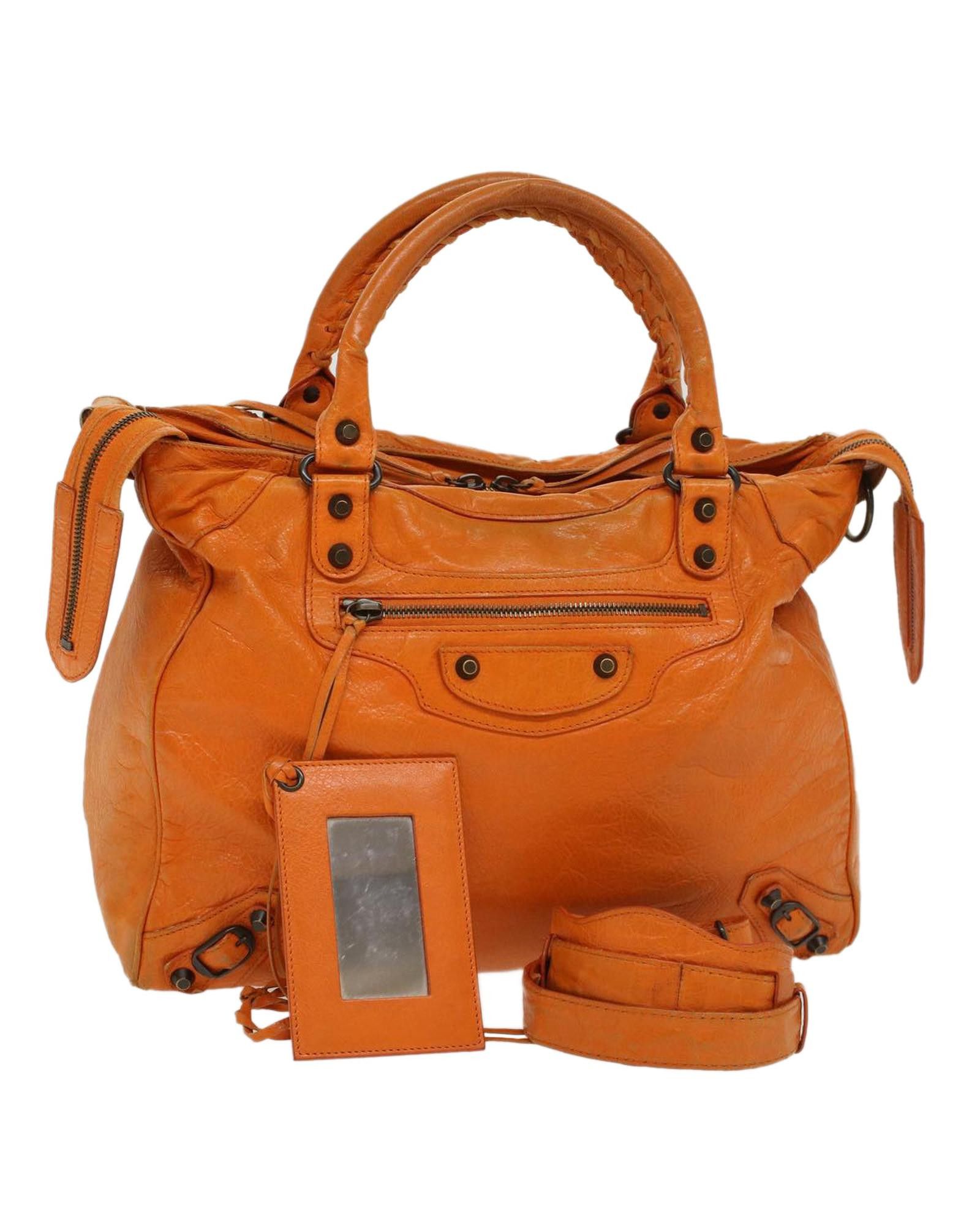 image of Balenciaga Leather 2Way Hand Bag With Shoulder Strap And Mirror in Orange, Women's