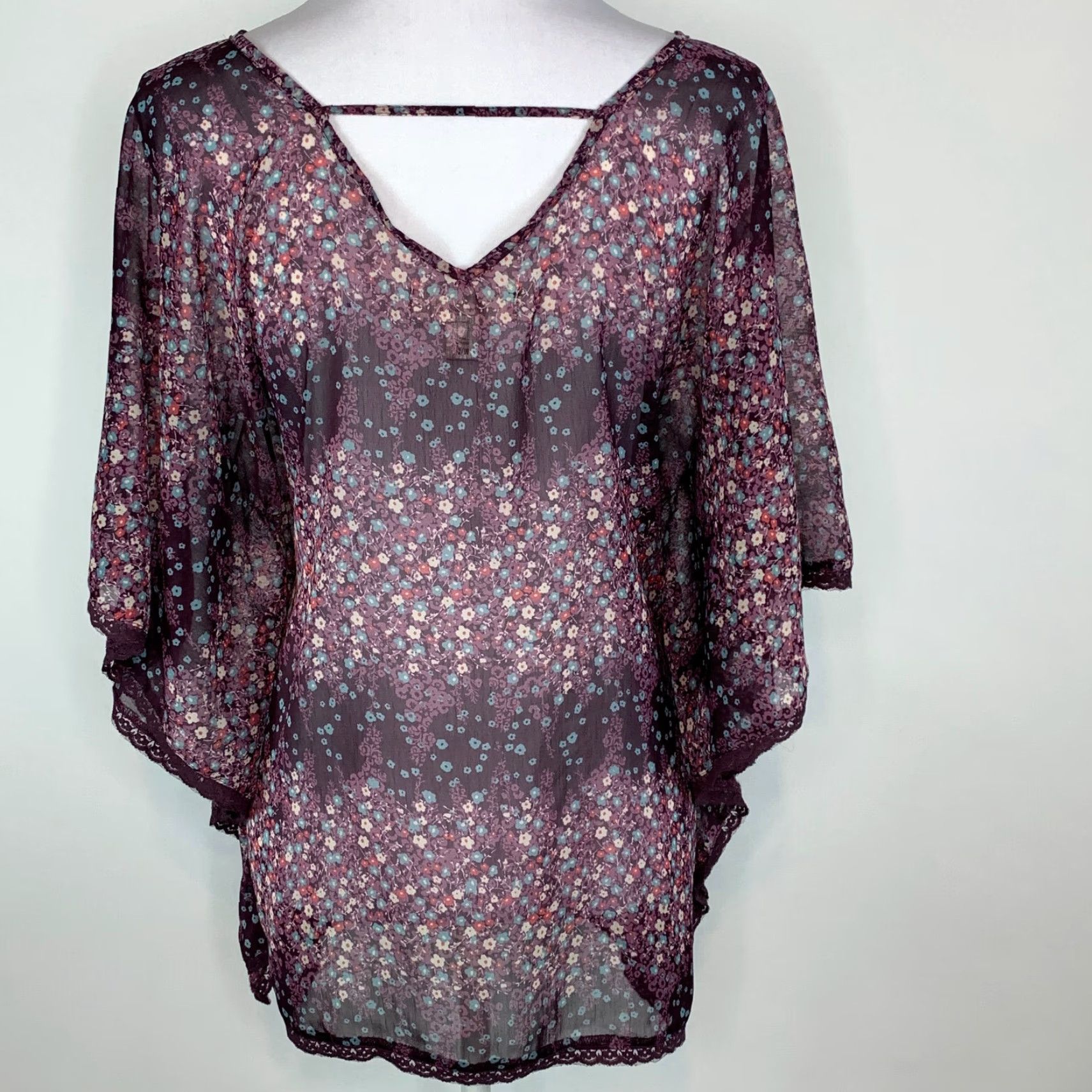 Decree Decree Blouse Shirt Tunic Womens M Floral Sheer Butterfly Sleeves Multicolor Dolman Sleeve Casual Knit Polyester Top Size M / US 6-8 / IT 42-44 - 5 Thumbnail