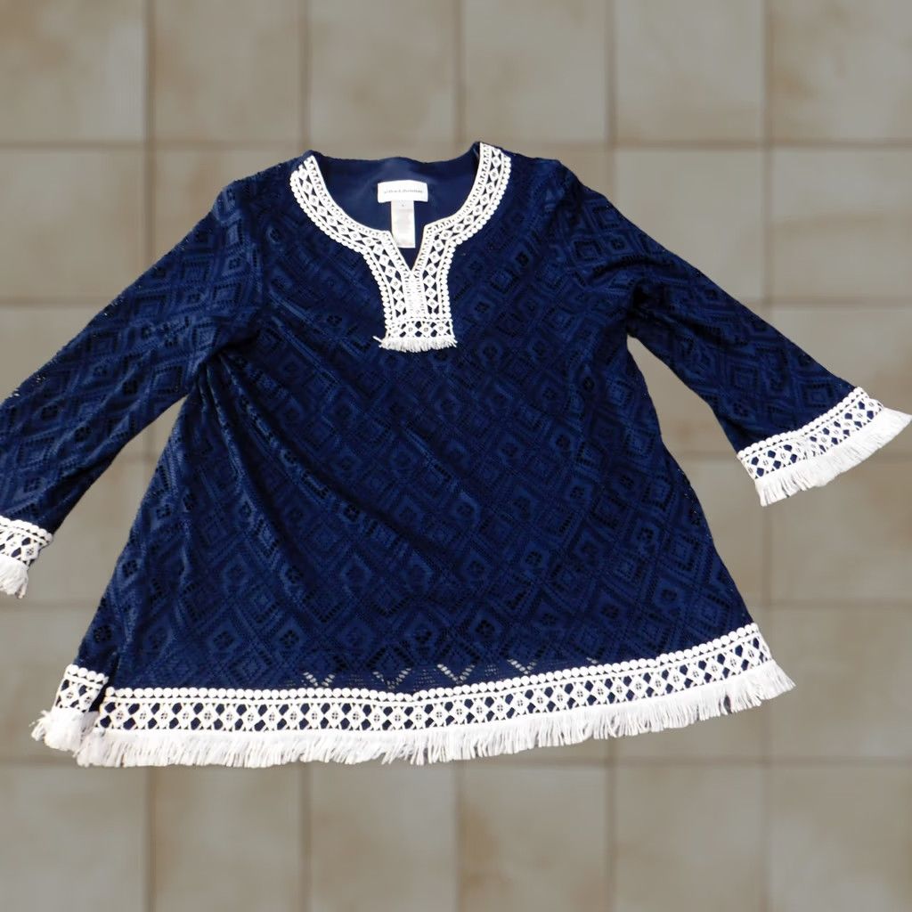 Vintage Alfred Dunner Top Womens Small Navy Blue Lace Crochet Tunic Boho Fringe Trim Blouse Size S / US 4 / IT 40 - 1 Thumbnail