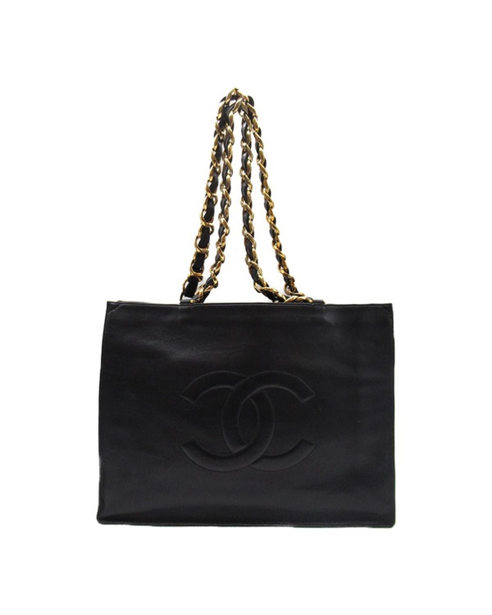 image of Black Leather Chain Tote Bag With Chanel Cc Logo, Women's