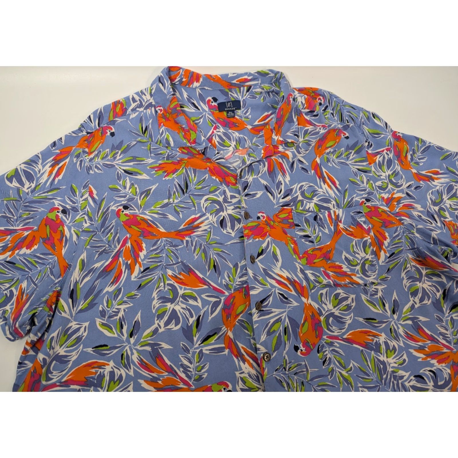George George Shirt Mens 3XL Blue Palm Leaf Bird Of Paradise Rayon Camp Hawaiian Casual Button-Up Size US XXL / EU 58 / 5 - 2 Thumbnail