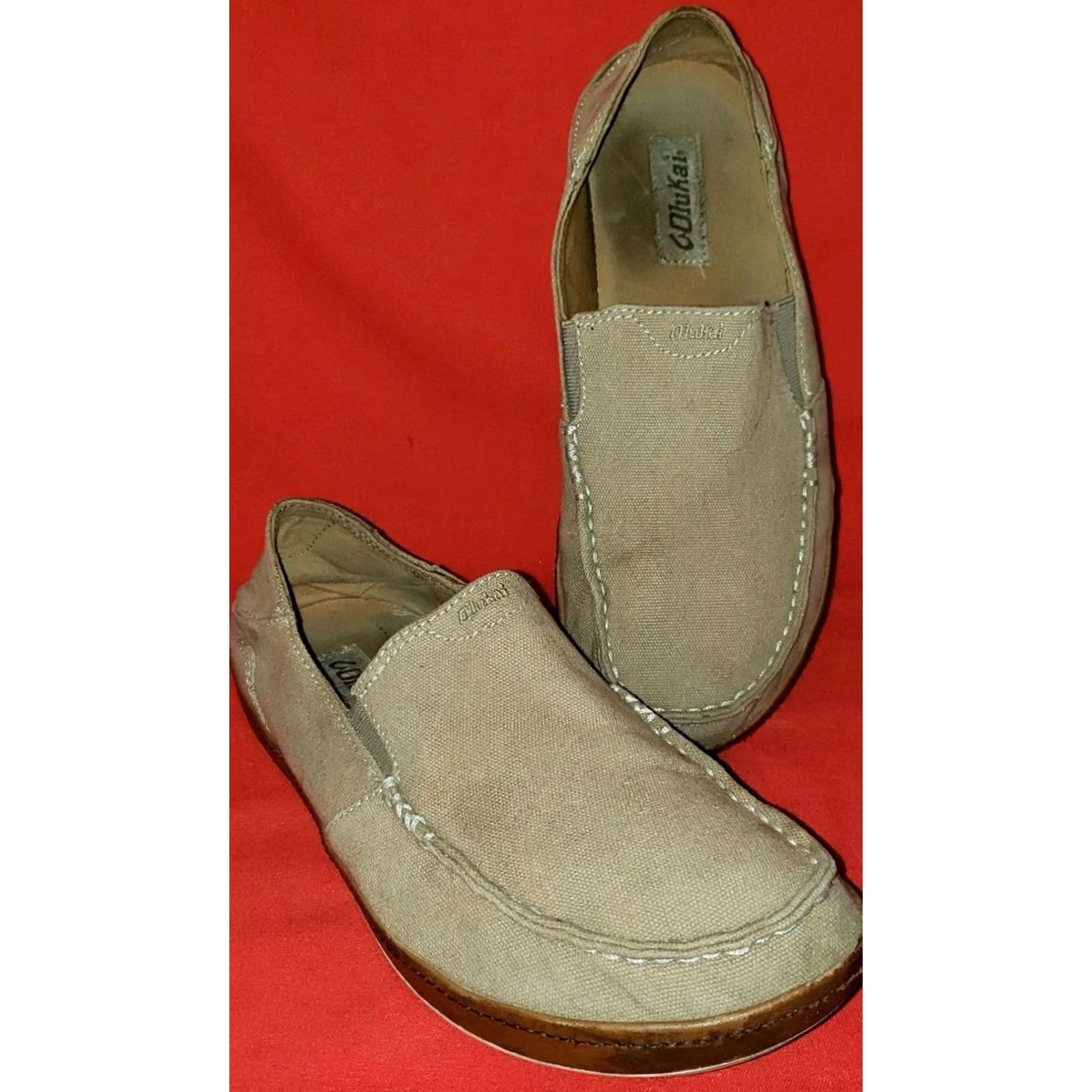 Olukai OluKai Puhalu Canvas Men's Loafers Casual Slip On Tan Kahki Leather Edge 9M Mens Size US 9 / EU 42 - 2 Thumbnail