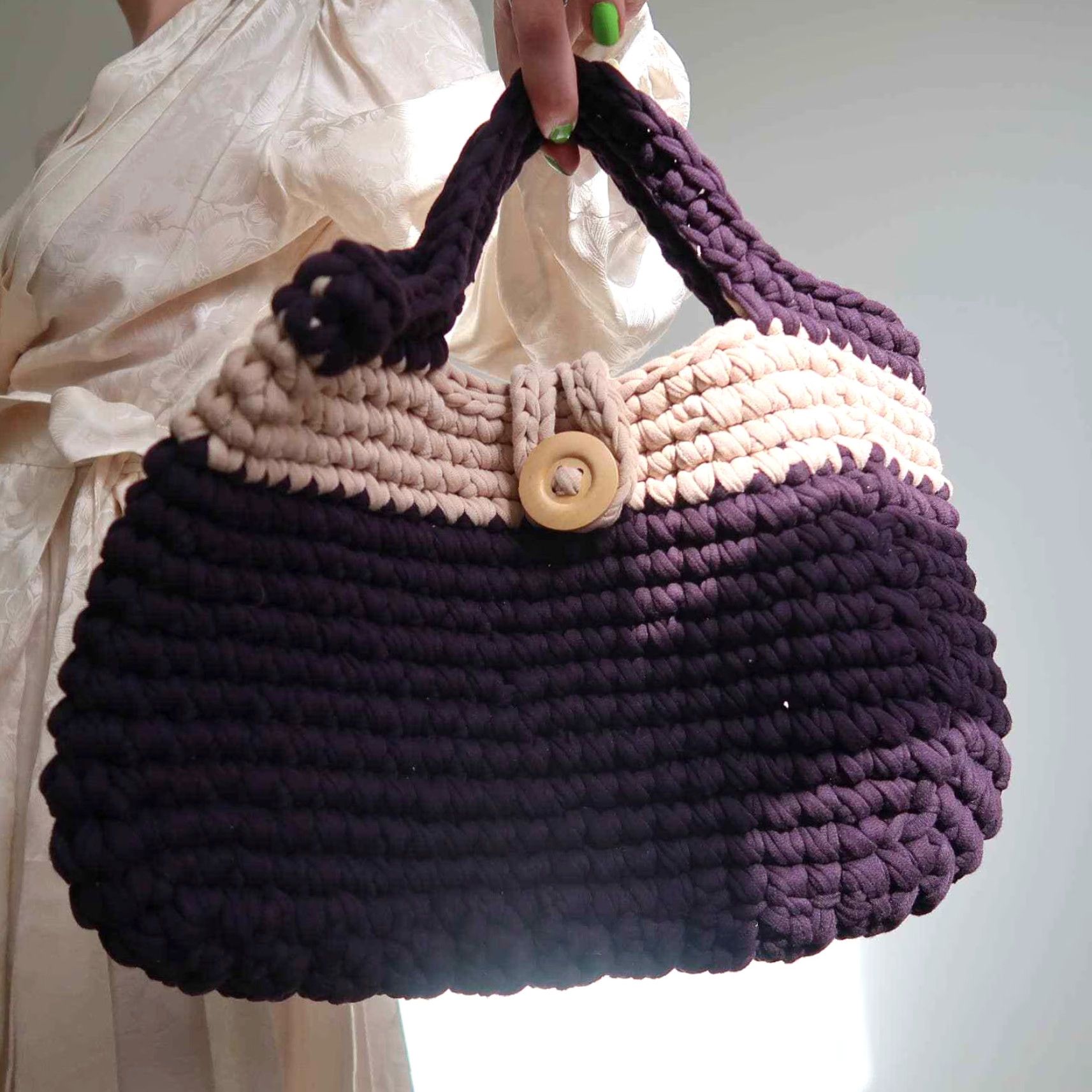 Vintage VINTAGE handcrafted navy blue cream woven knit purse satchel bag Medium Blue Bohemian cotton knit handbag Womens Size ONE SIZE - 5 Thumbnail