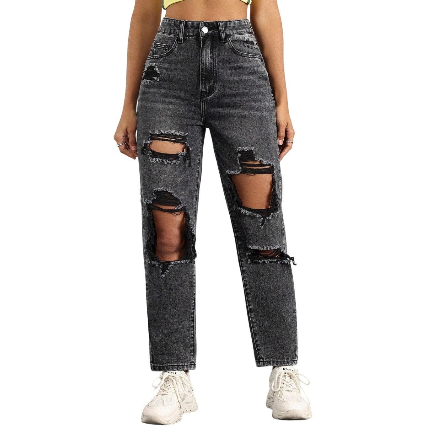 Shein Women's Loose Fit Casual Ripped Straight-Leg Jeans in Black Size 34" / US 12 / IT 48 - 1 Thumbnail