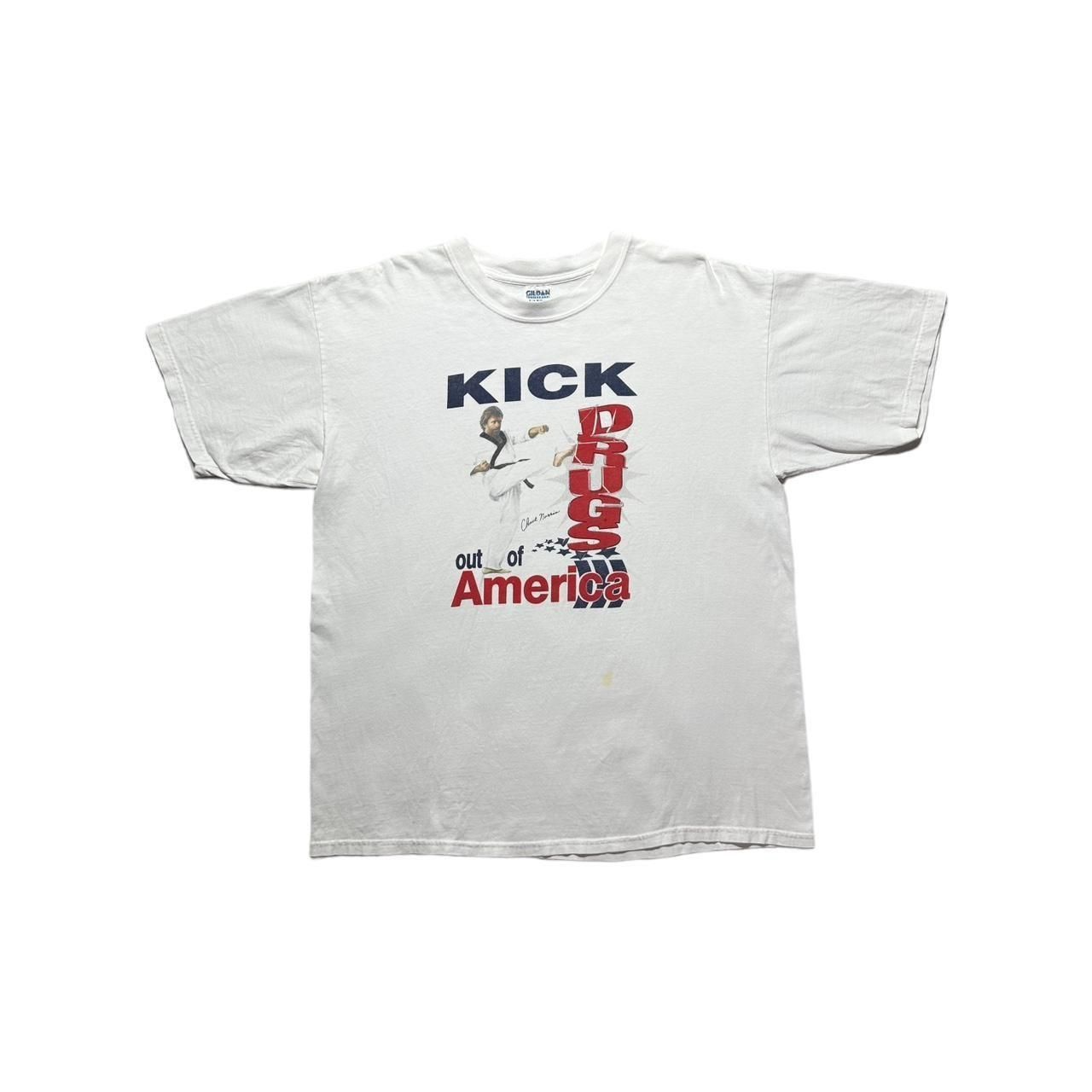 image of Gildan x Vintage Chuck Norris Kick Drugs Out Of America T-Shirt in White, Men's (Size XL)