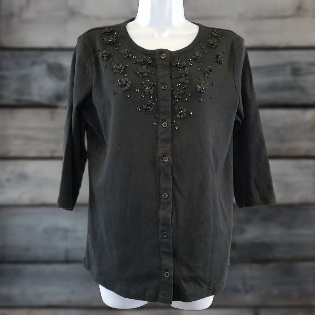 Vintage Christopher & Banks Womens Button-Front Knit Top Black Size M 3/4 Sleeve Bow Rhinestones Shirt Size M / US 6-8 / IT 42-44 - 1 Thumbnail